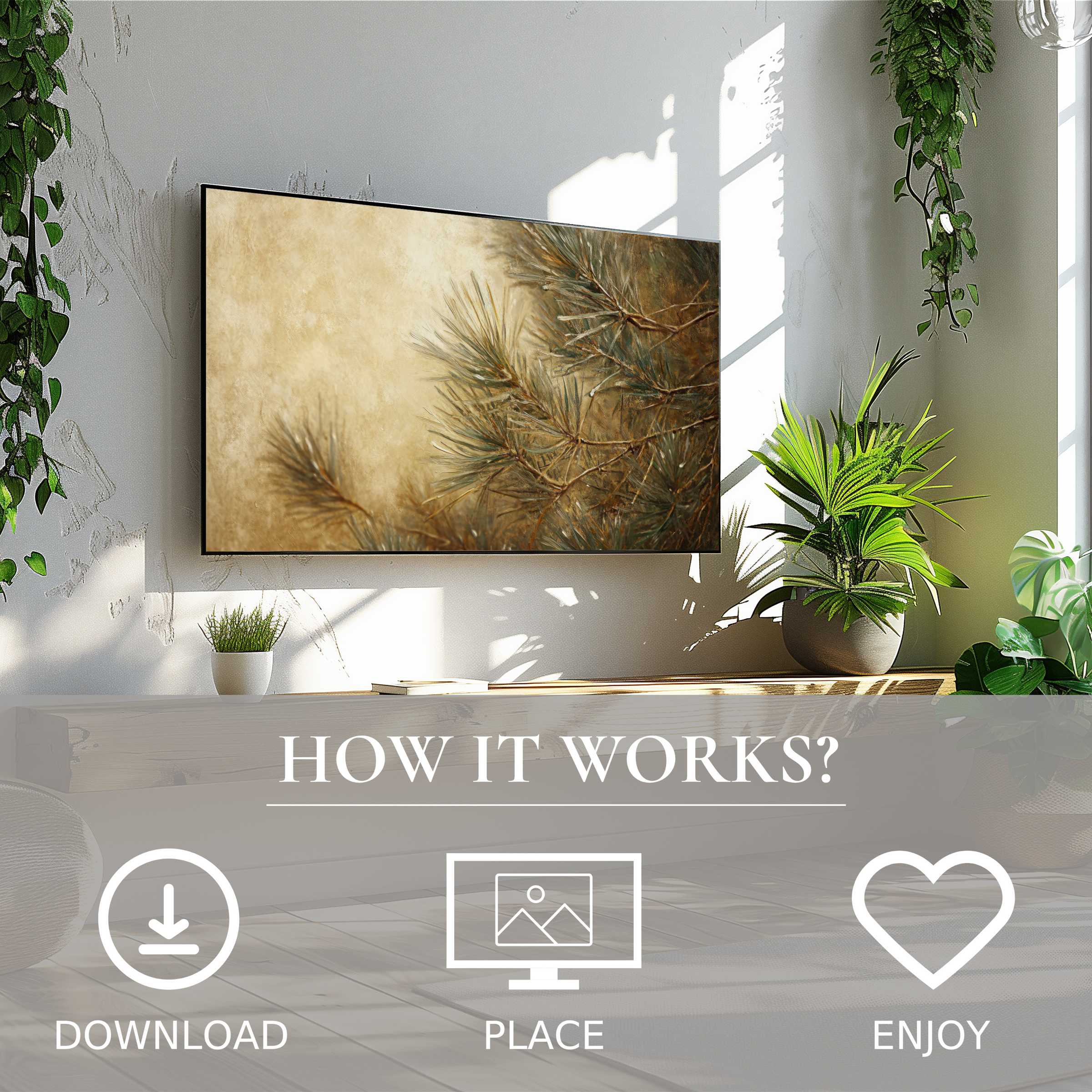 Tree art for Samsung TV shows soft sunset tones; digital download adds simple, elegant nature charm to modern living spaces