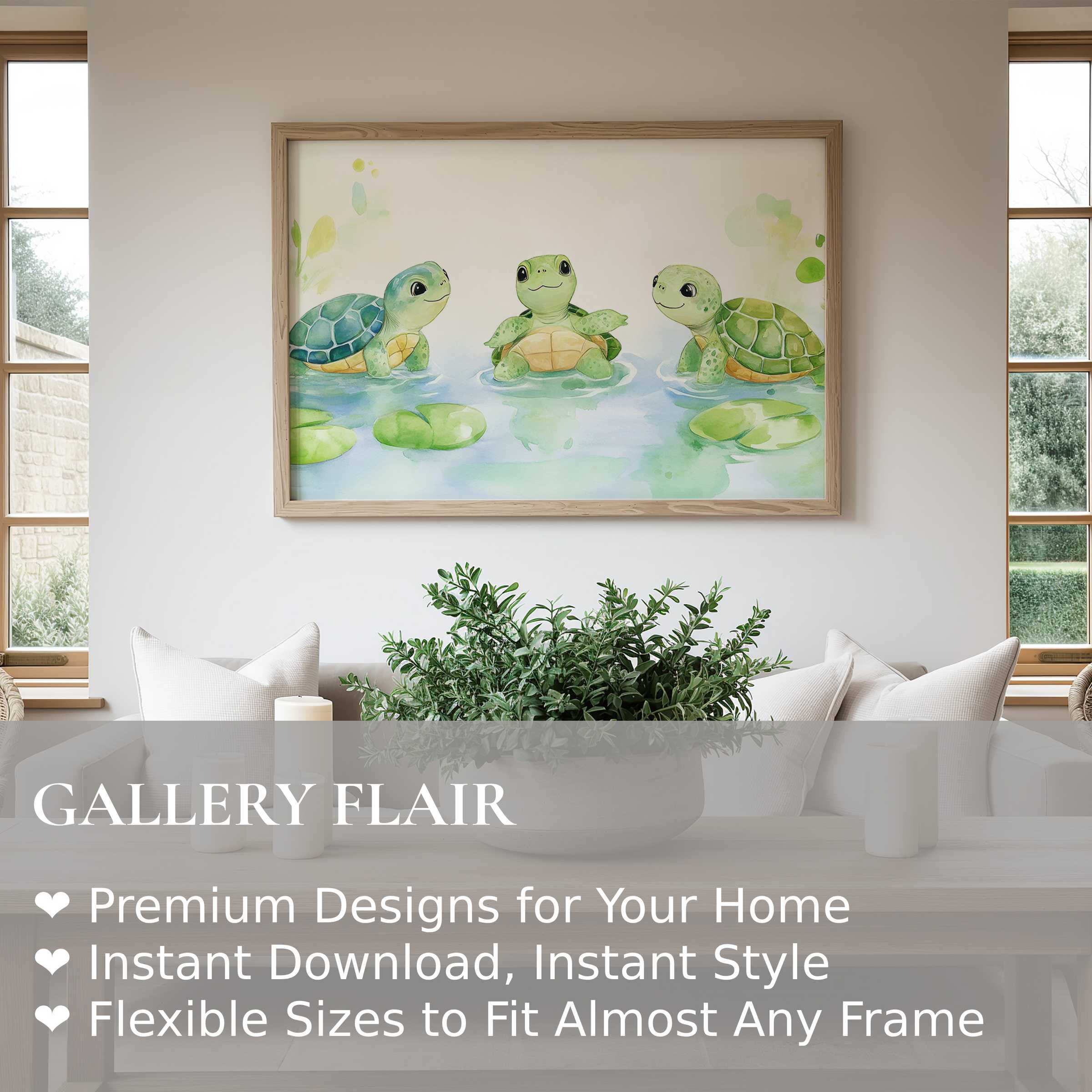 Nursery wall art print featuring three radiant watercolor turtles in a serene pond, enhancing modern minimalistic nursery decor with soft, calming charm