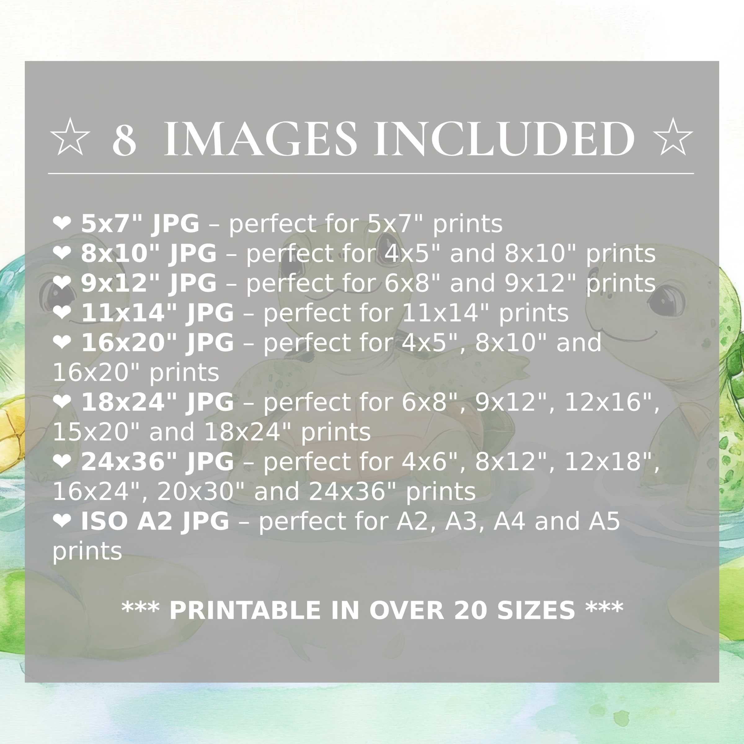 Nursery digital print featuring radiant watercolor turtles in soft greens and yellows, offered in 8 high-quality sizes included for seamless modern decor
