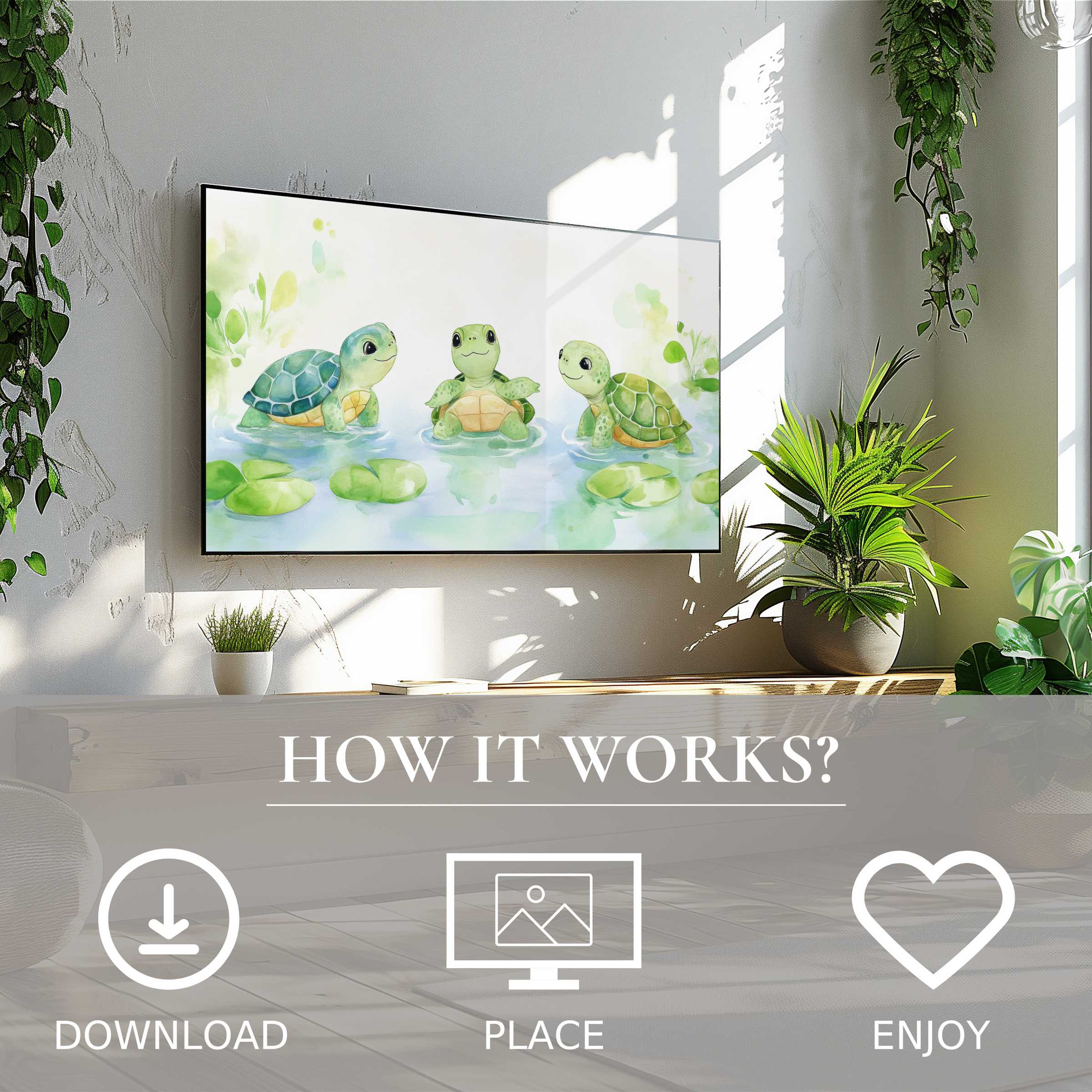 Nursery art for Samsung TV showing three cute turtles in soft green tones, easy digital download enriching bright spaces