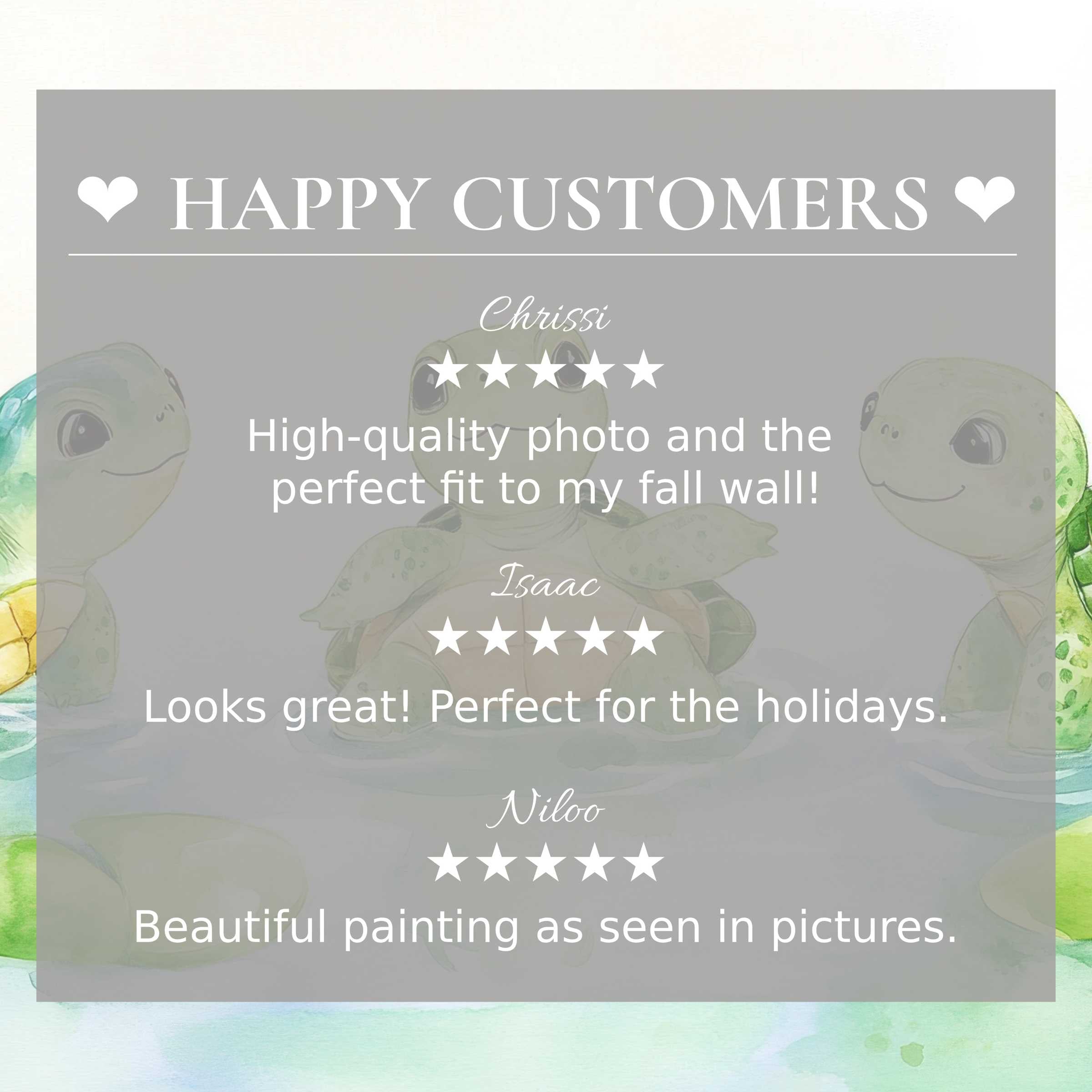 Nursery art for Frame TV with smiling turtles in soft watercolor, showcasing happy customer reviews and elegant design
