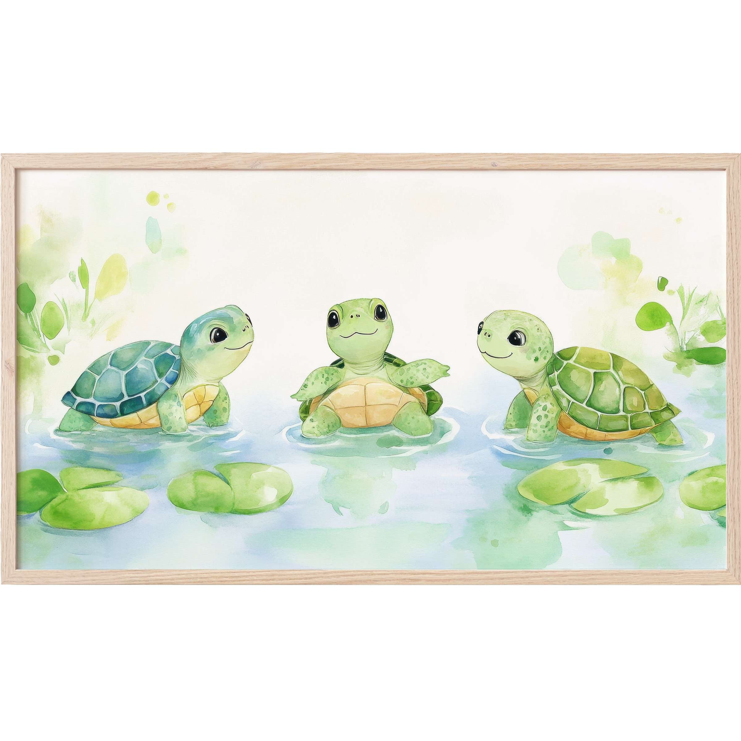 Charming watercolor turtles in soft greens and blues, laid-back scene with delicate lily pads - nursery Frame TV Art