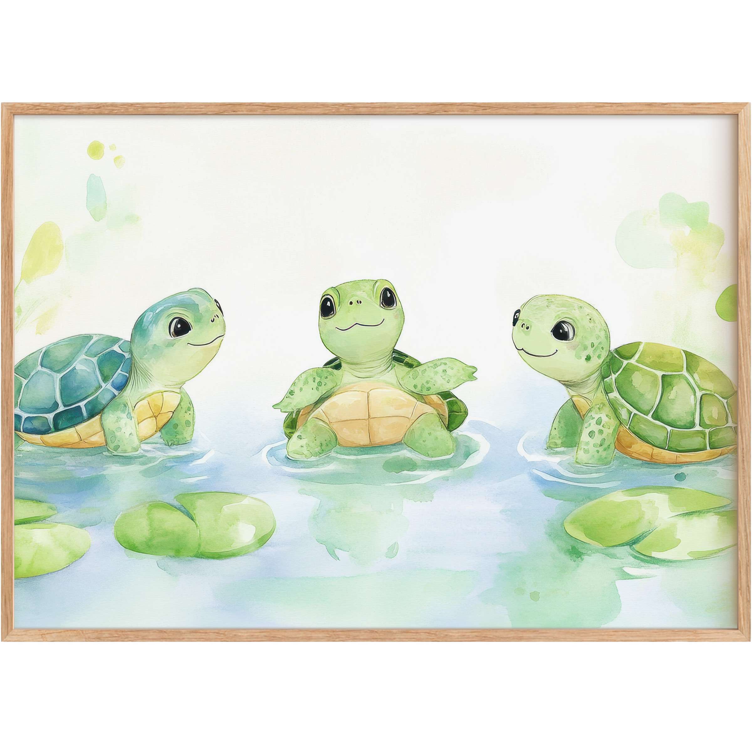 Charming nursery printable wall art with playful green turtles, soothing blues and soft greens create a joyful, serene ambiance