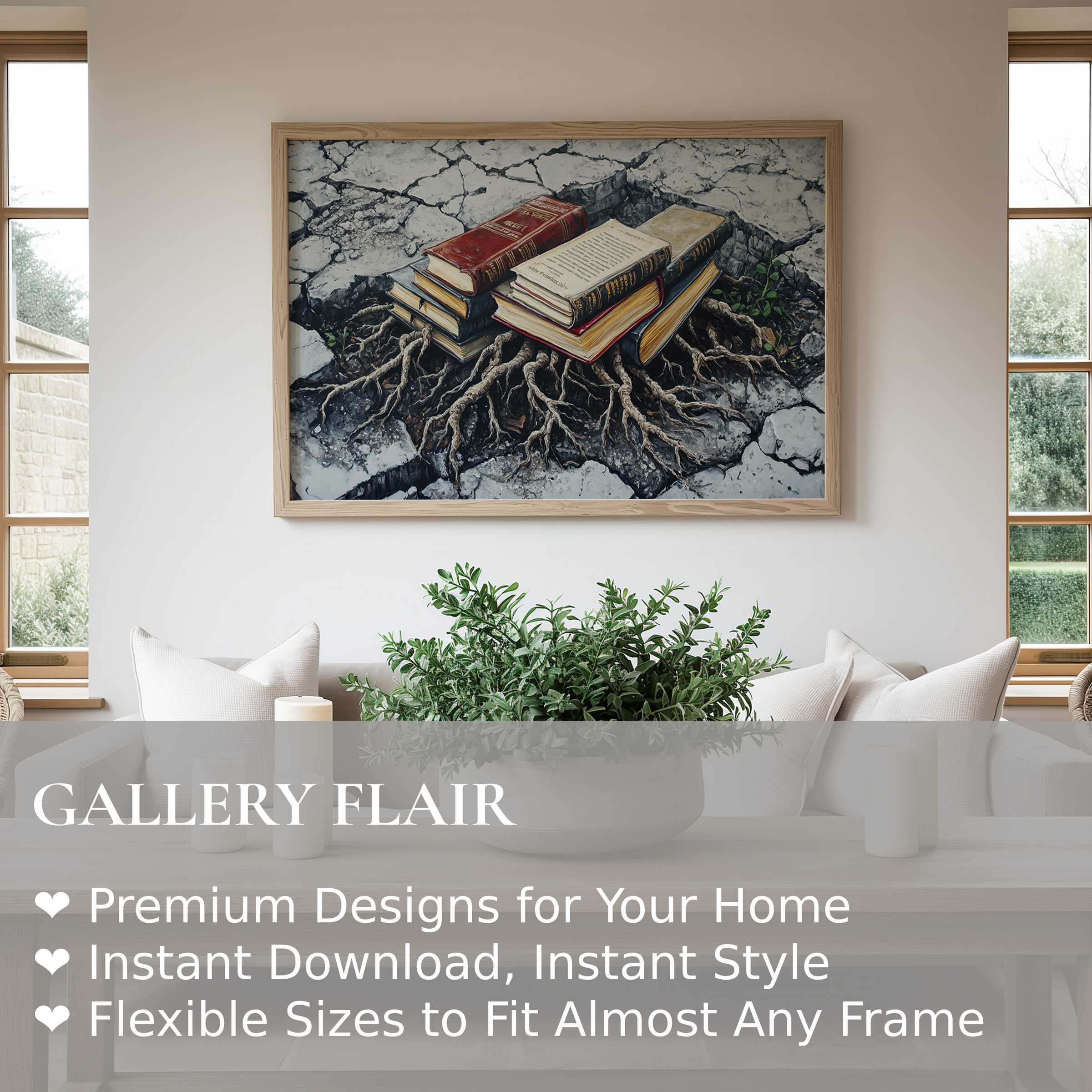 Bold street art wall art print featuring stacked vintage books entwined with roots on cracked concrete, enriching modern minimalist interiors with intellectual edge and urban sophistication