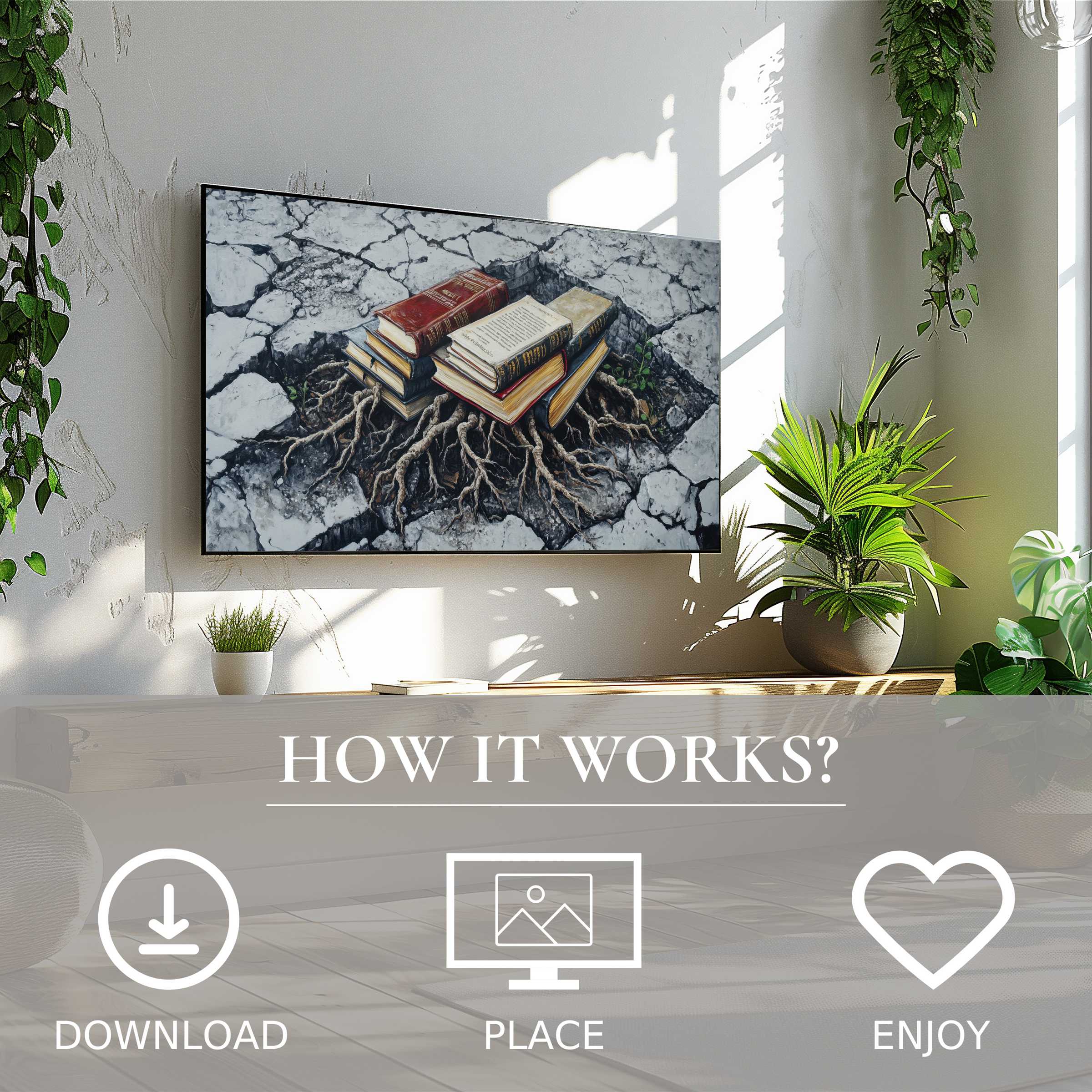 Modern living room with street art for Samsung TV; digital download shows books and roots on cracked ground