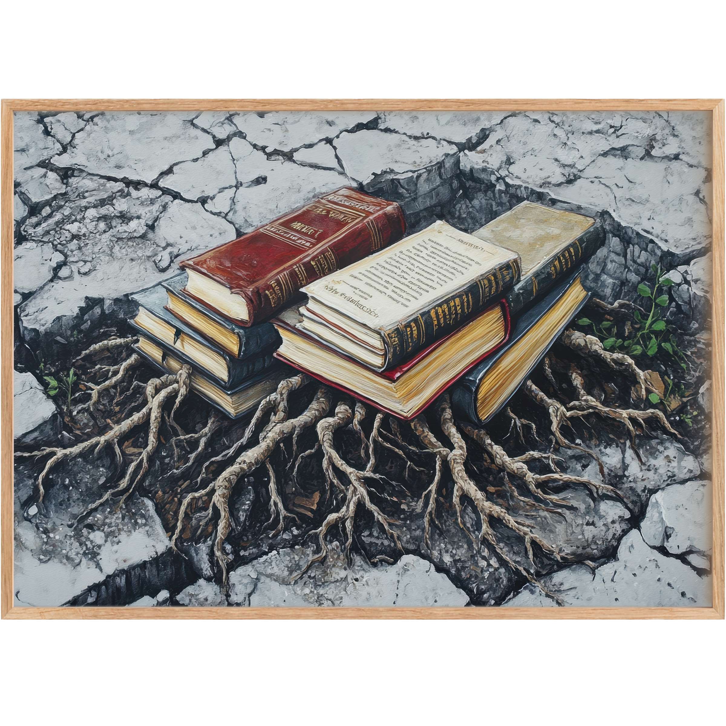 Roots entwine beneath cracked concrete in this street art printable wall art, blending earthy browns and muted grays to evoke resilience and timeless wisdom