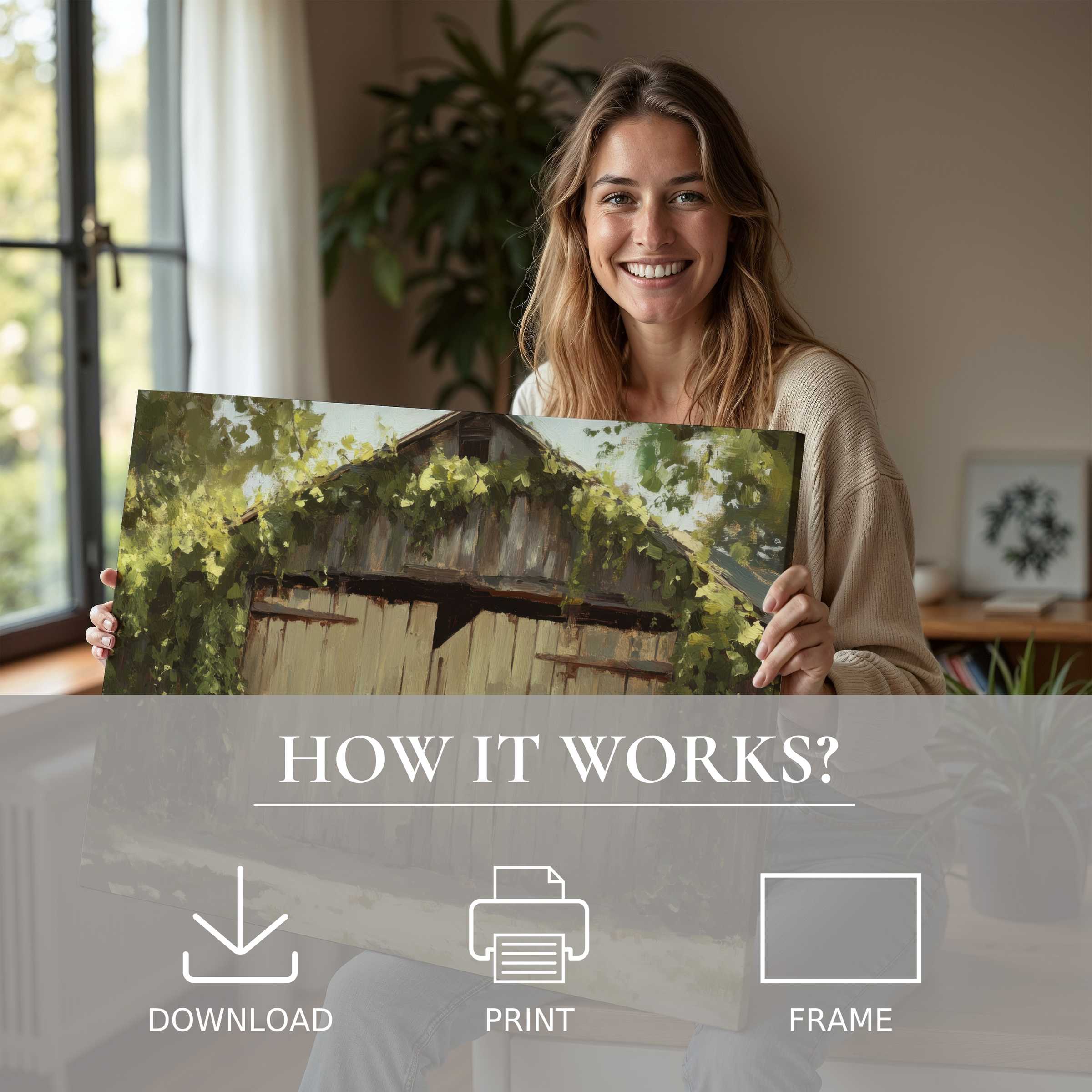 A radiant moment of connection with a farmhouse digital art print, bringing warmth and timeless charm to modern living spaces