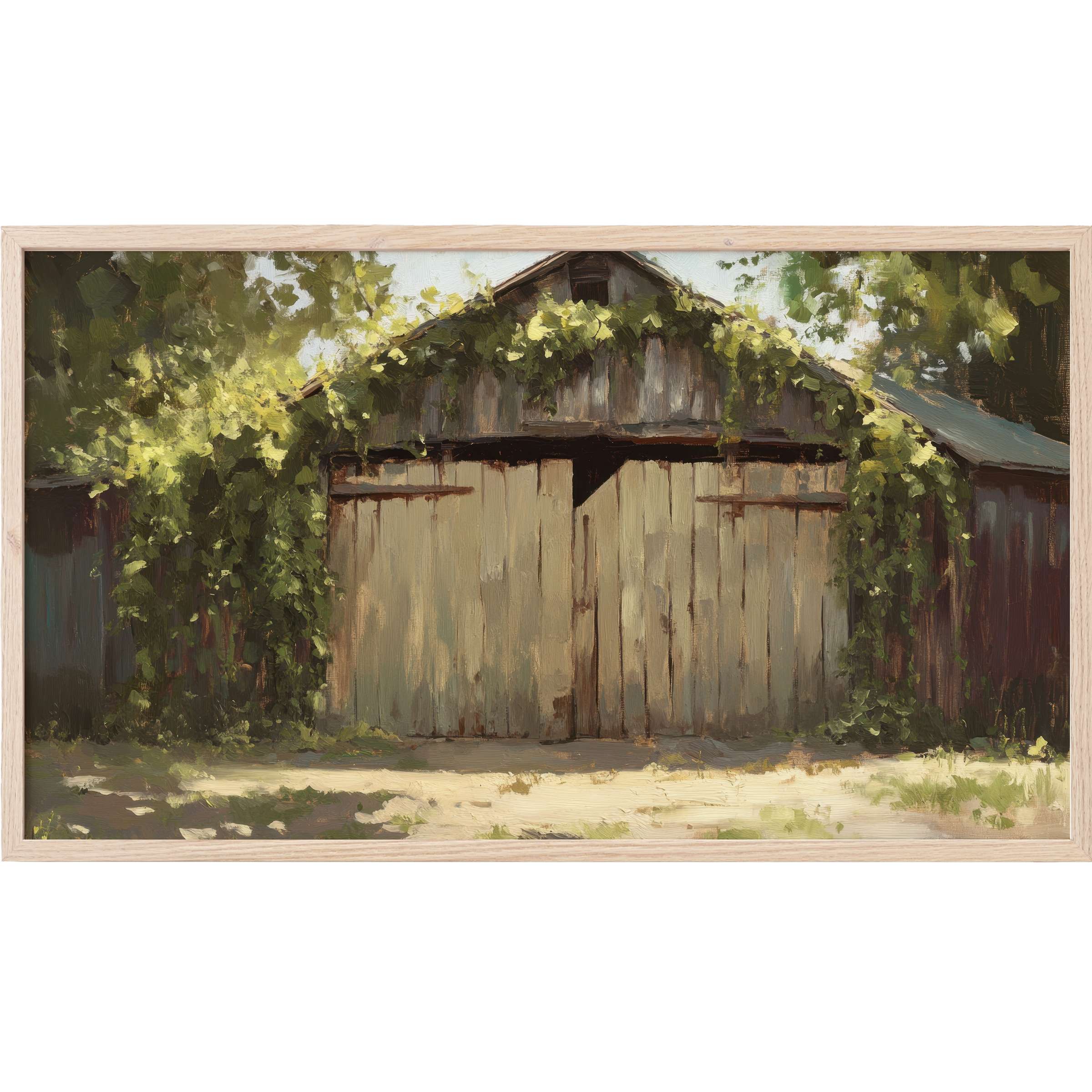 Rustic barn framed by lush greenery in soft greens and earth tones, an elegant Farmhouse Frame TV Art piece