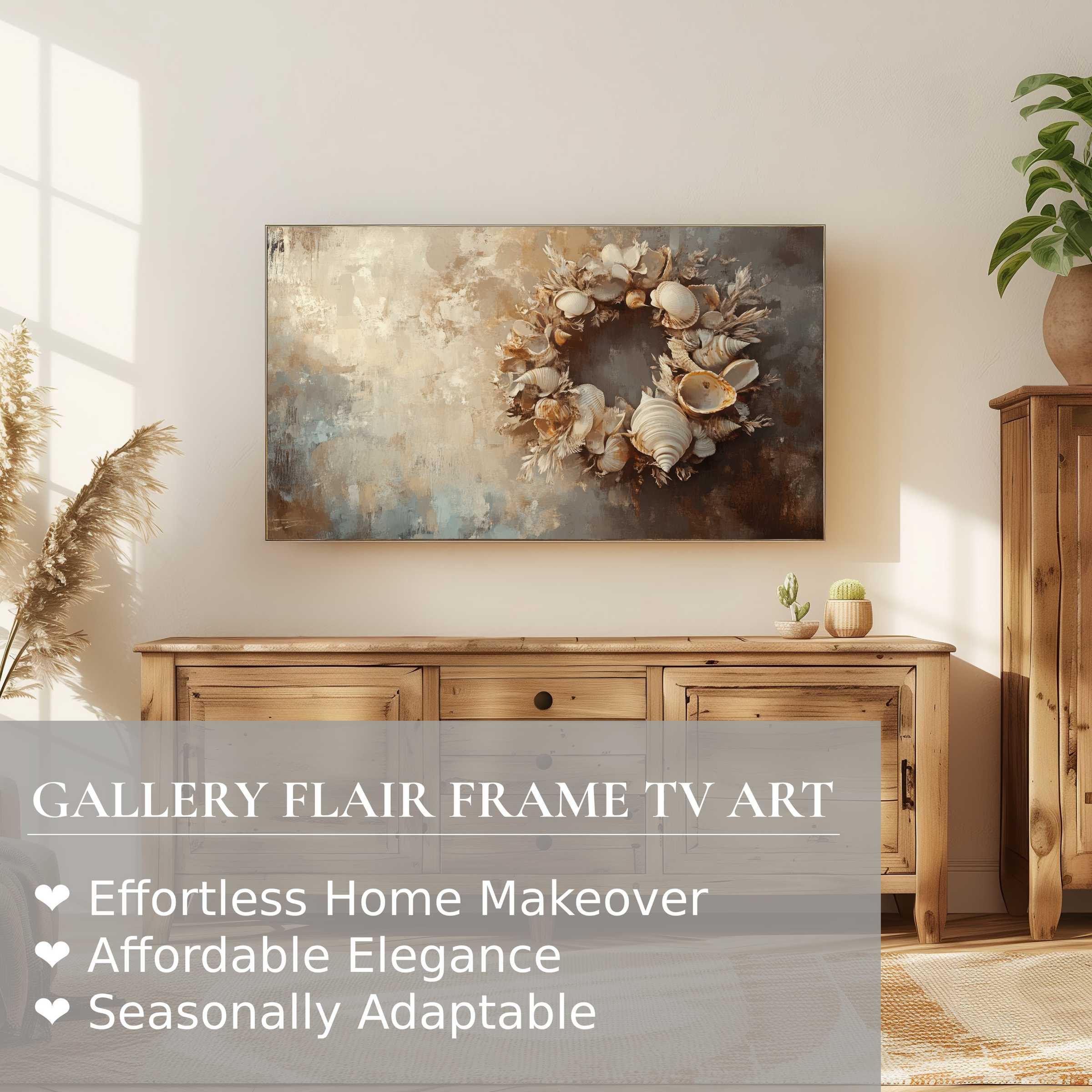 Samsung Frame TV displaying coastal digital artwork with seashell wreath in warm, elegant modern living space