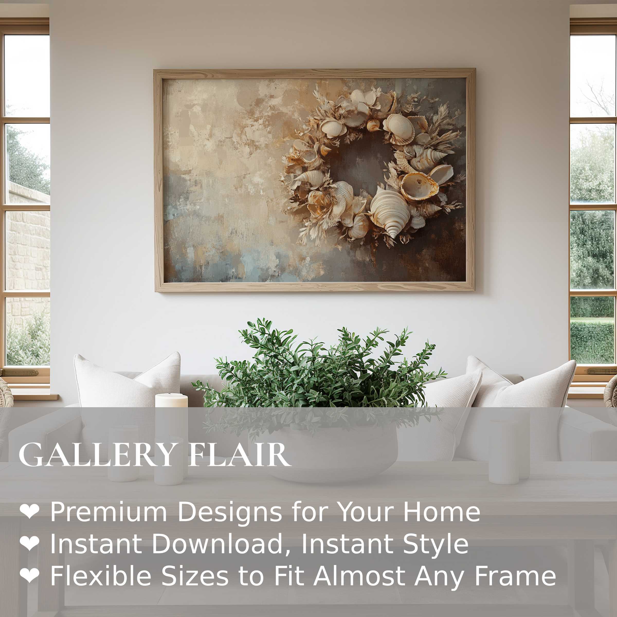 Coastal wall art print featuring a serene seashell wreath in warm neutrals, enhancing modern minimalist living spaces with calming elegance