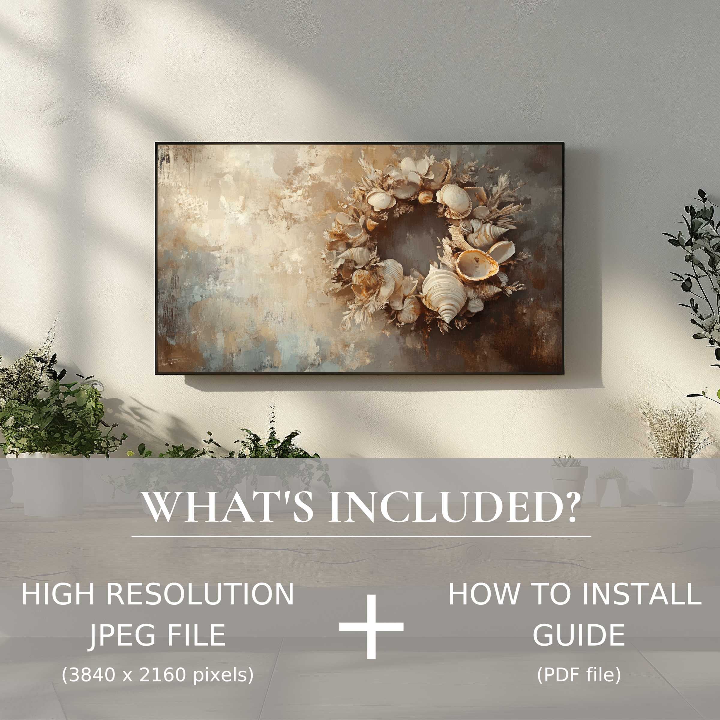 Elegant coastal digital TV art download with easy use enhances sleek living spaces with serene shell wreath design