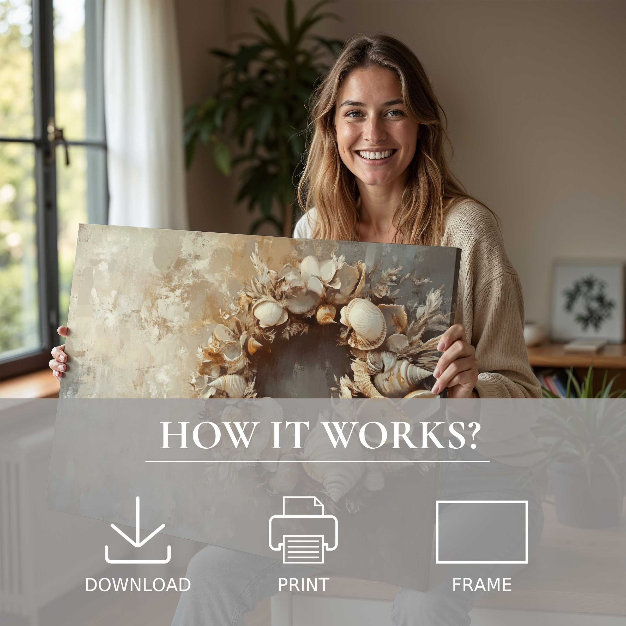 Coastal digital art print embraced in a sunlit modern home, inspiring serene joy and effortless stylish living