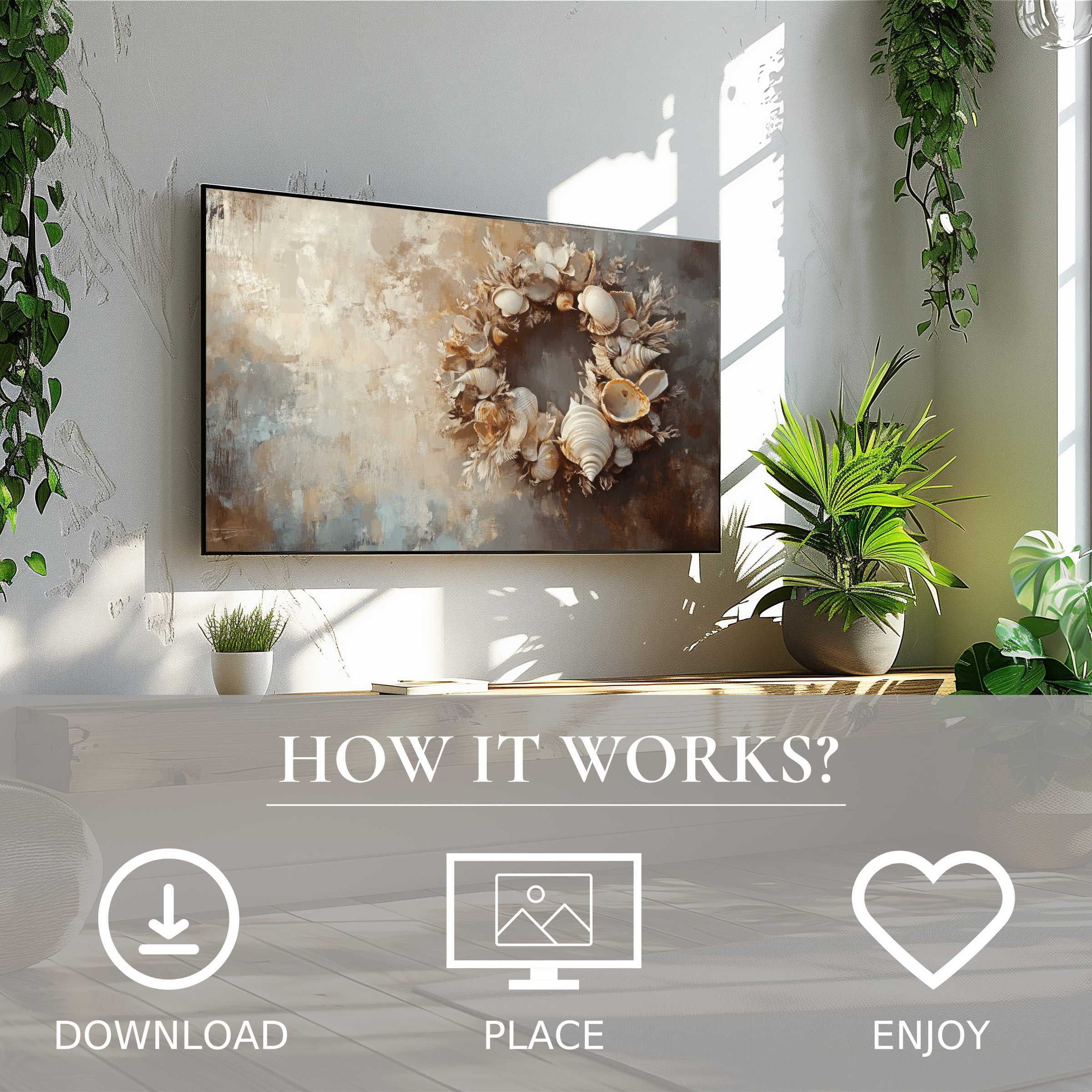 Coastal art for Samsung TV with soothing shell wreath in soft sunset tones, easy digital download enriches any modern space