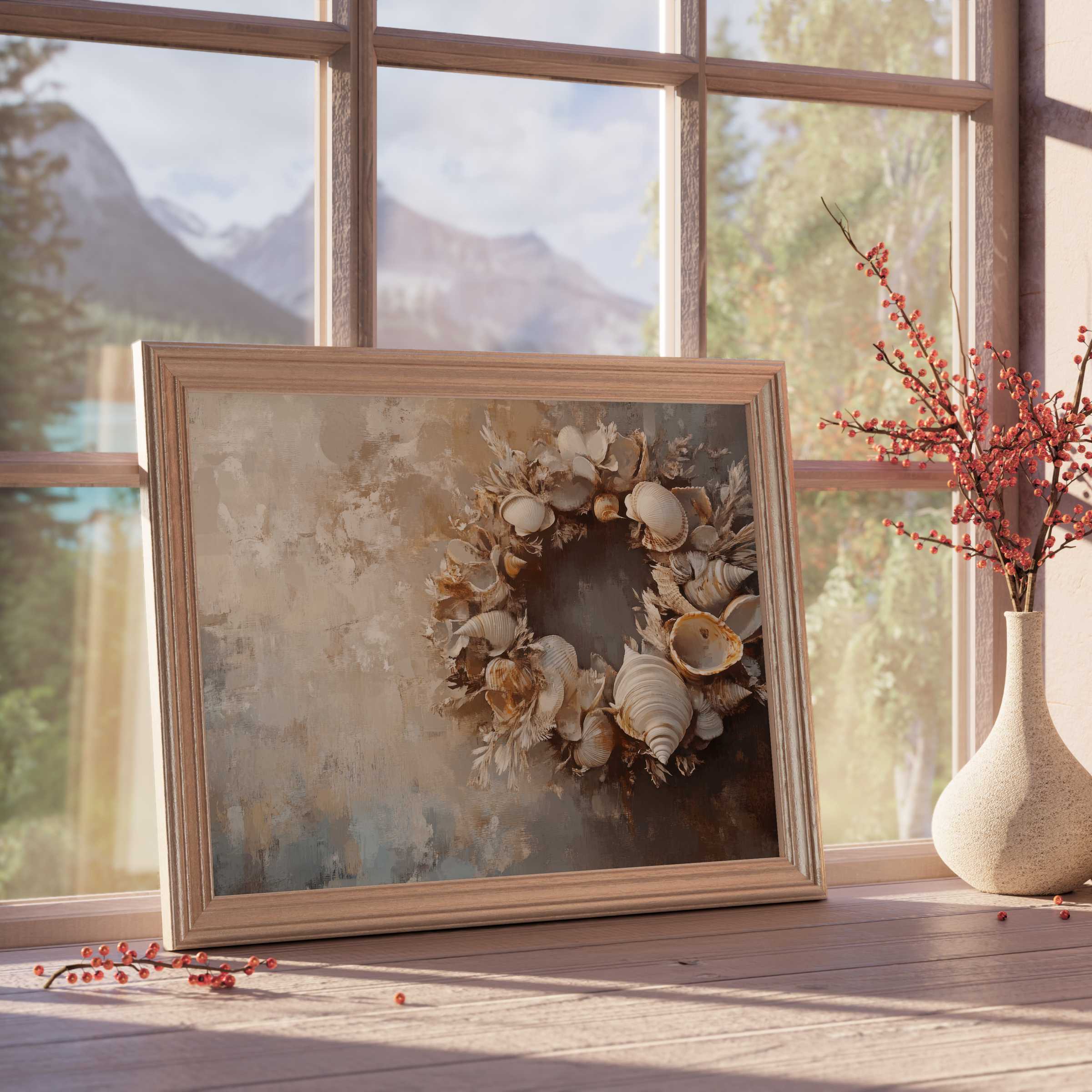 Coastal downloadable art featuring a serene seashell wreath, enriching tranquil, curated interiors with warm, natural elegance