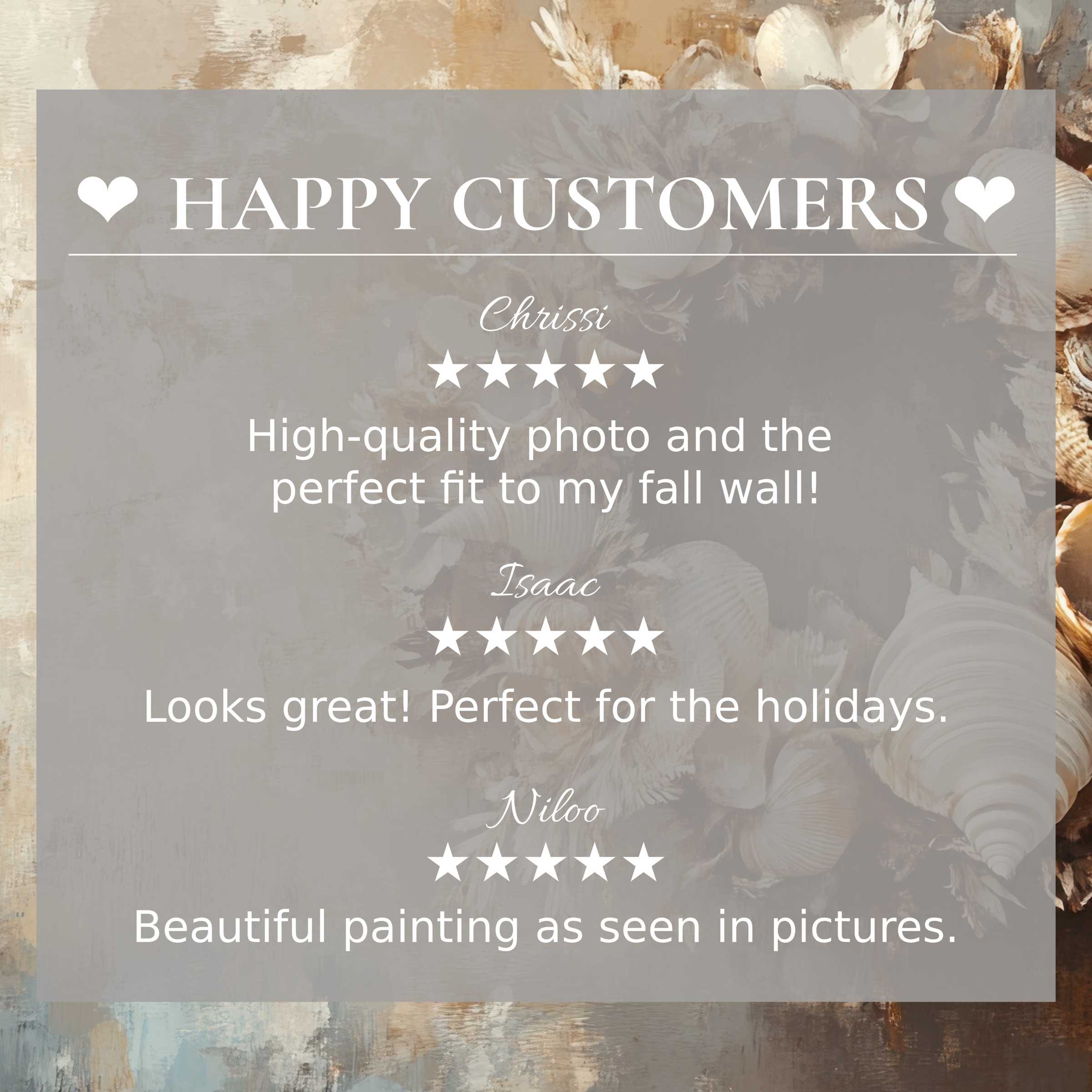 Elegant coastal art for Frame TV with neutral shell tones, highlighting happy customer reviews for refined trust