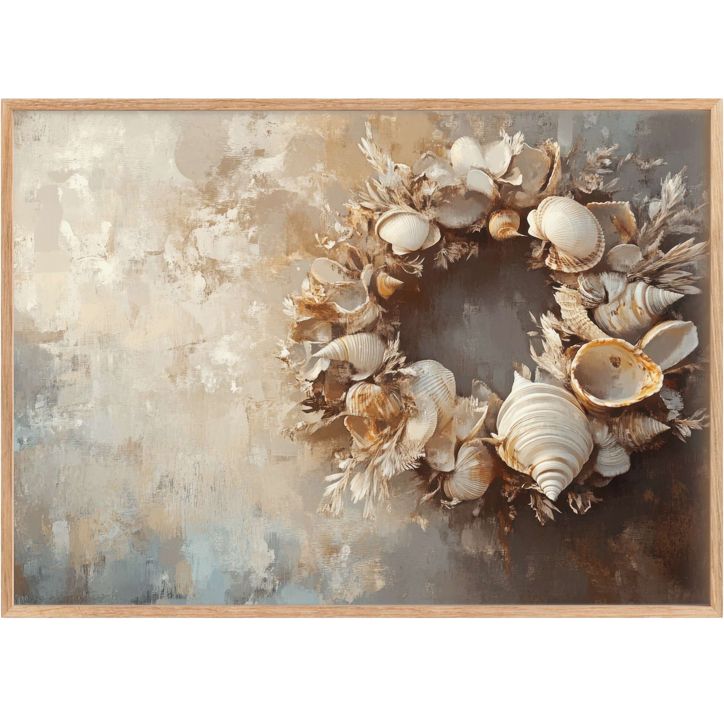 Coastal printable wall art featuring a serene seashell wreath in soft beige and muted blue tones, evoking a calming, elegant beachside ambiance