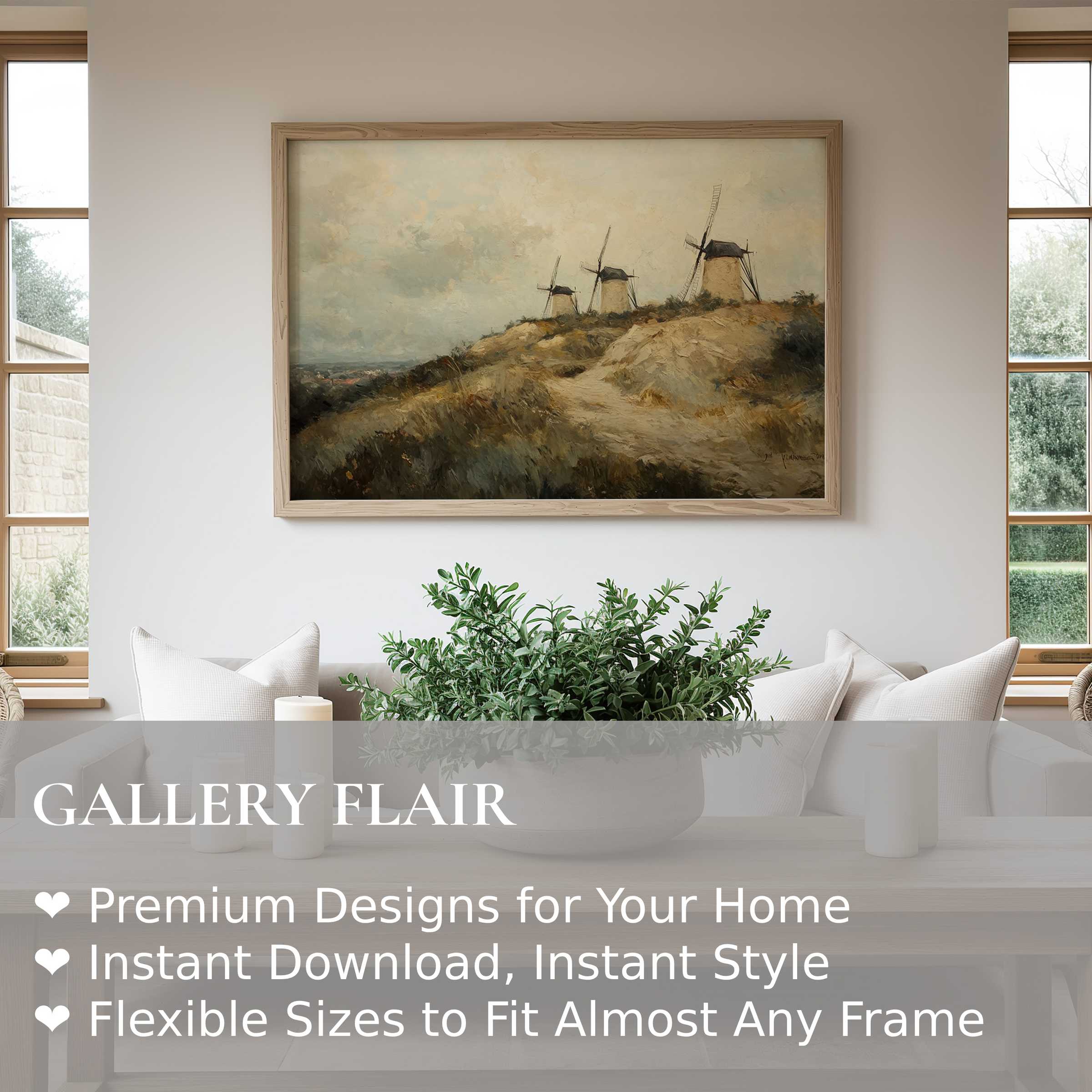 Vintage wall art print featuring serene windmills on a soft, muted hillside, enhancing contemporary minimalist interiors with timeless charm