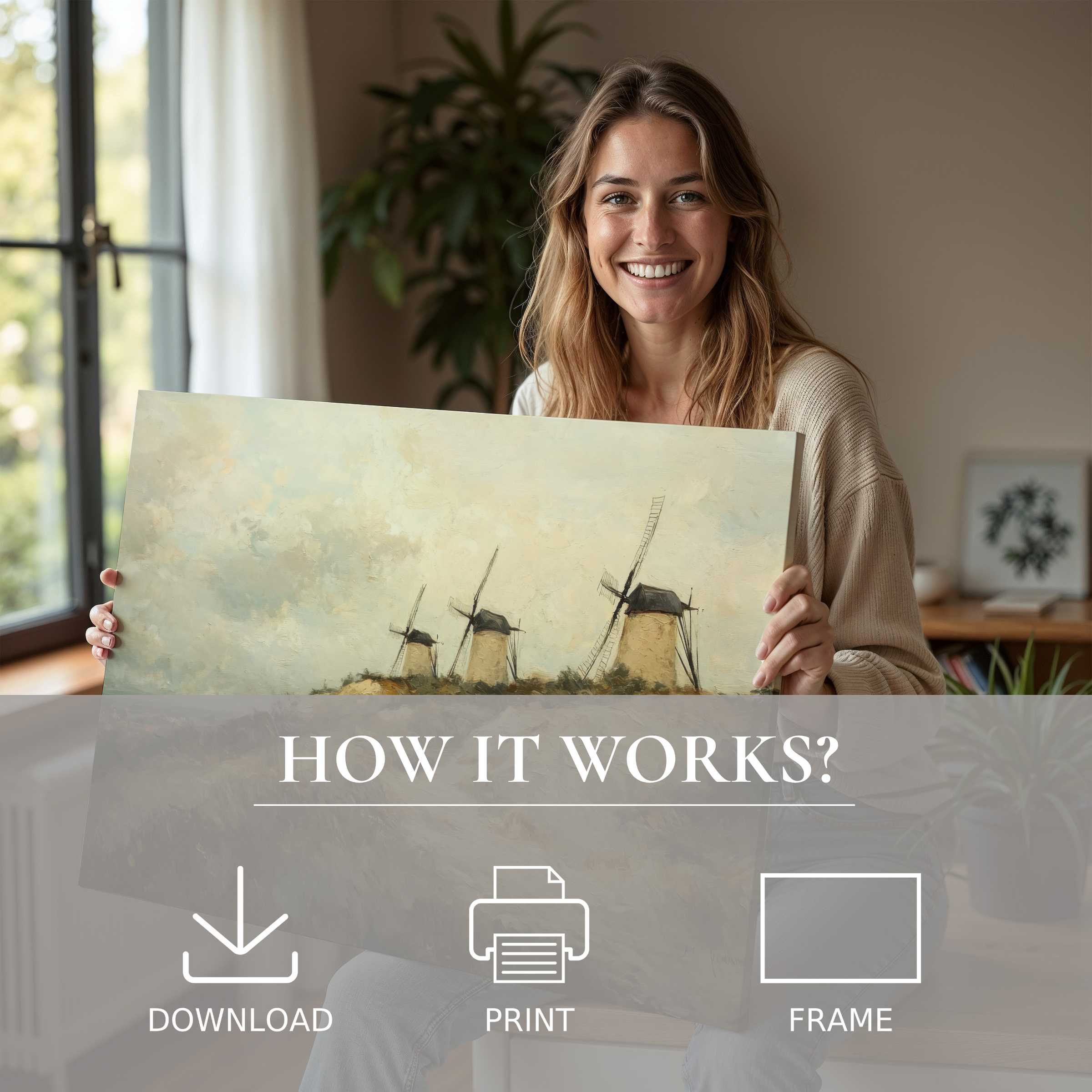 Joyful woman in a stylish home embraces a vintage digital art print of serene windmills, celebrating effortless art living