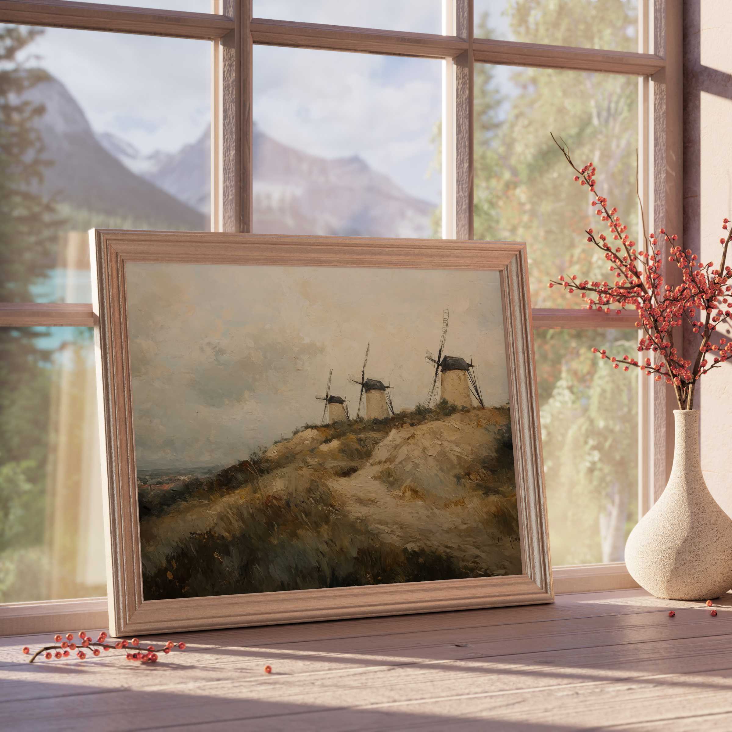 Vintage downloadable art of serene windmills on rolling hills evokes warm tranquility, enriching curated, design-forward interiors with timeless charm