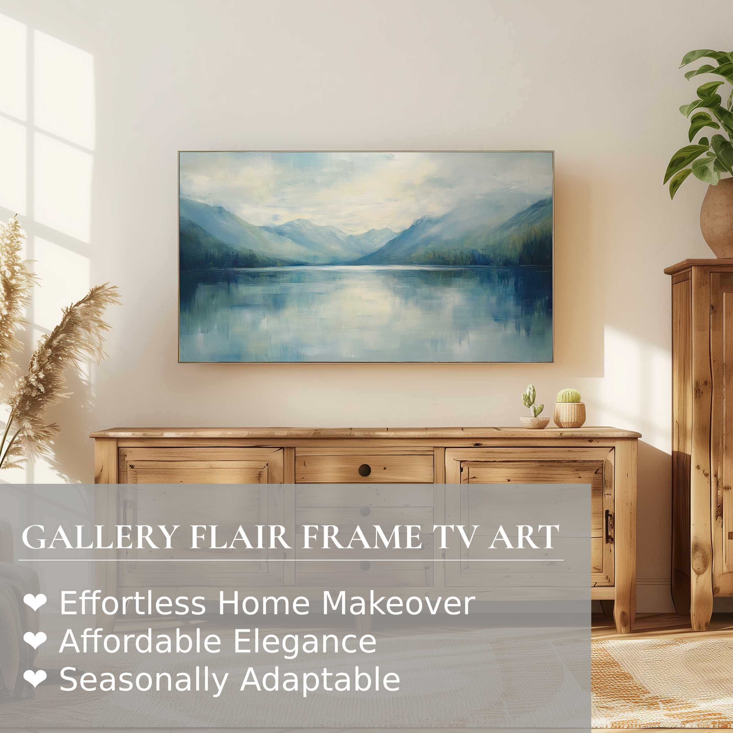 Modern Samsung Frame TV showcasing serene landscape digital artwork, blending elegance with warm, natural home decor