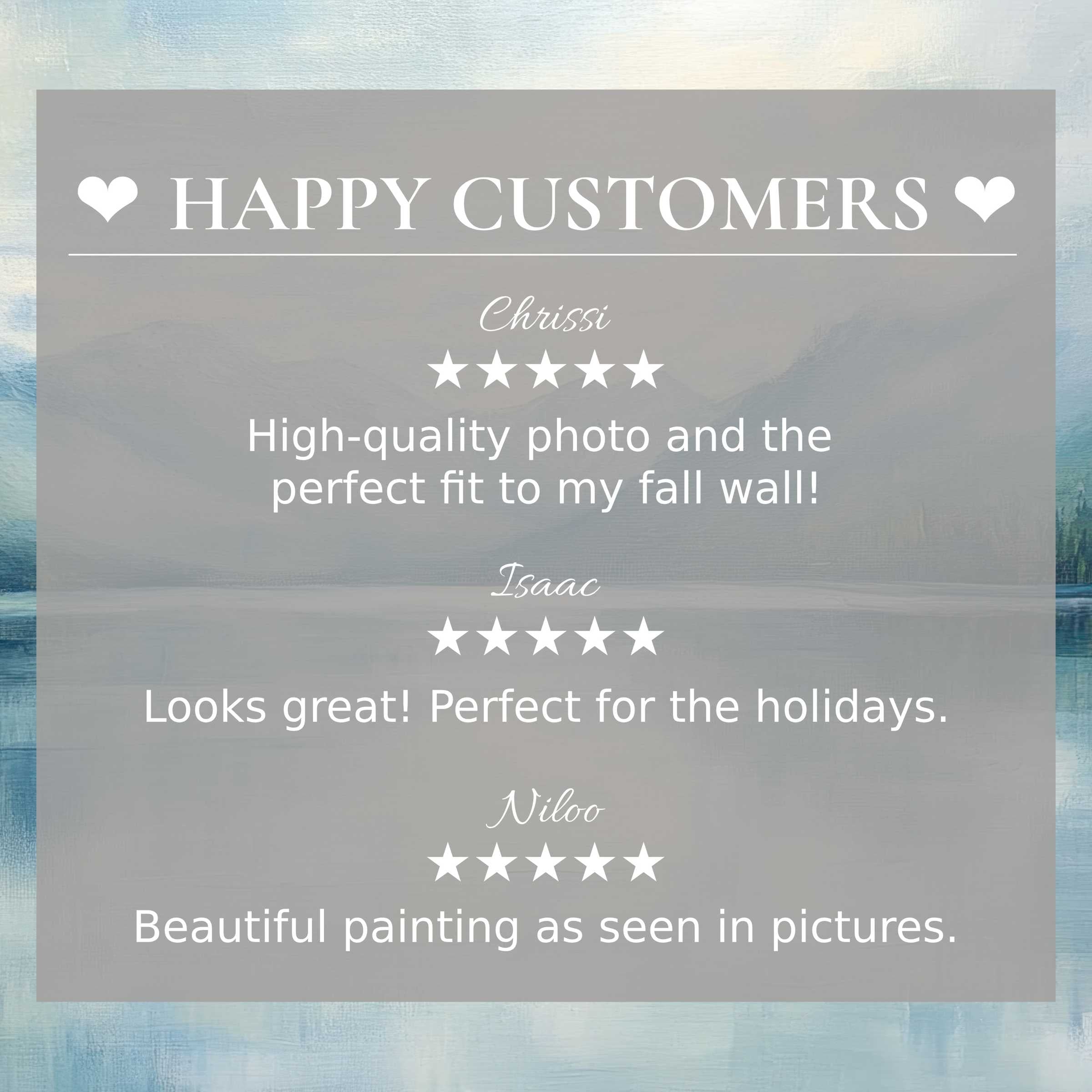 Elegant landscape art for Frame TV with soft blue and gray hues, showcasing happy customer reviews to inspire trust