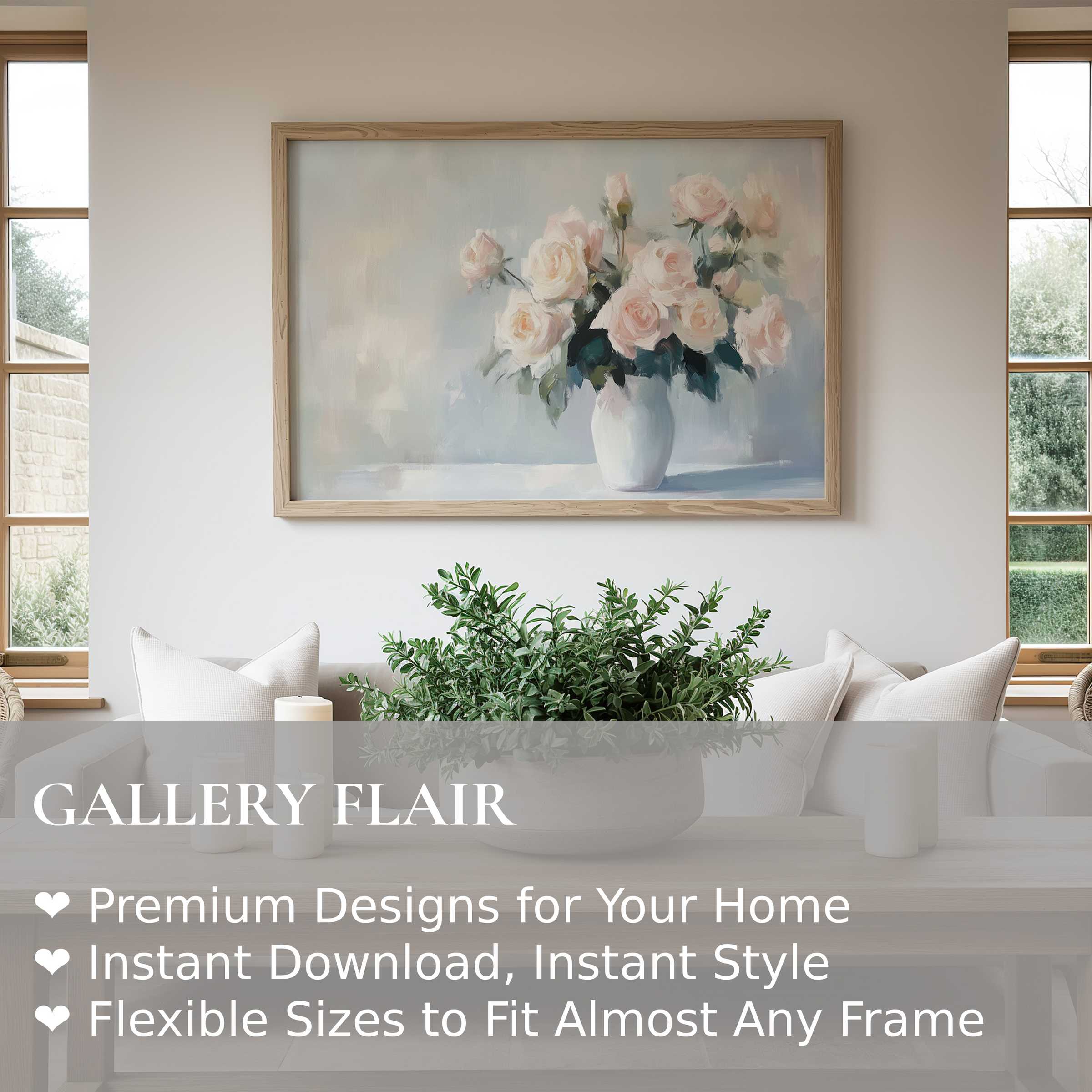 Elegant floral wall art print featuring soft blush roses in a serene vase, enhancing the airy modern living room with subtle sophistication