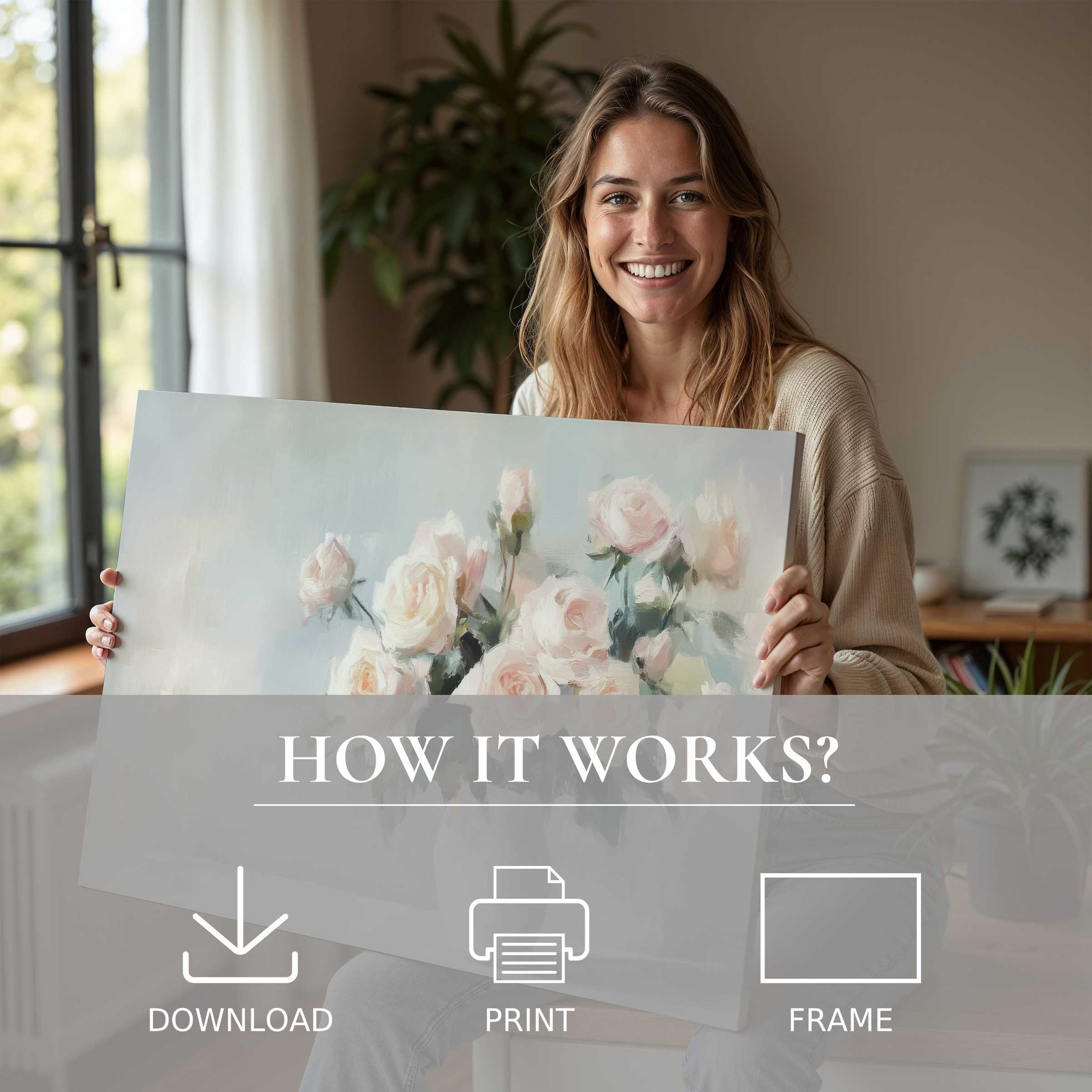 A serene moment in a modern home where floral digital art print brings joy, effortlessly elevating living spaces with delicate beauty