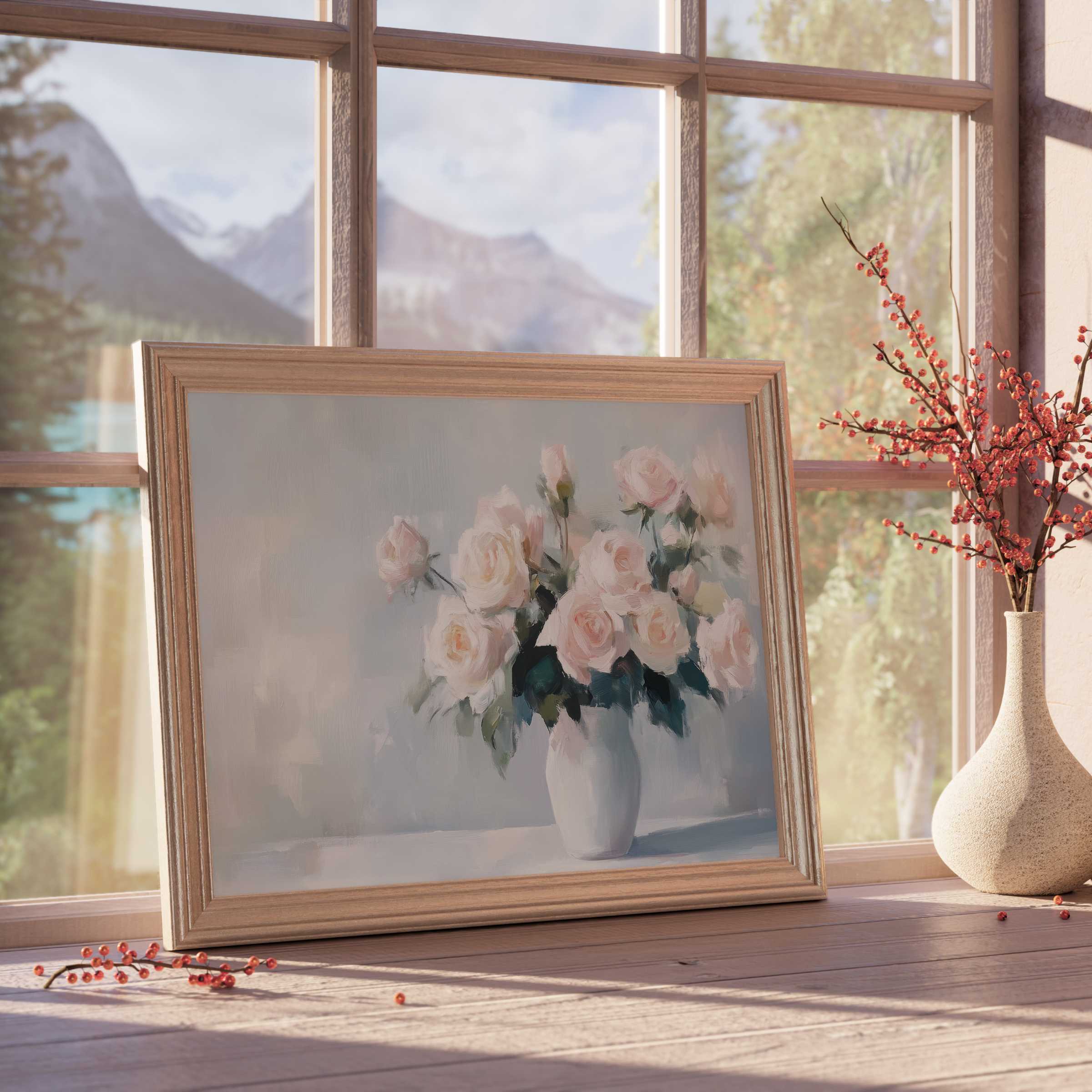 Elegant floral downloadable art featuring soft pink roses in a serene, sunlit frame, perfect for curated, tranquil interiors