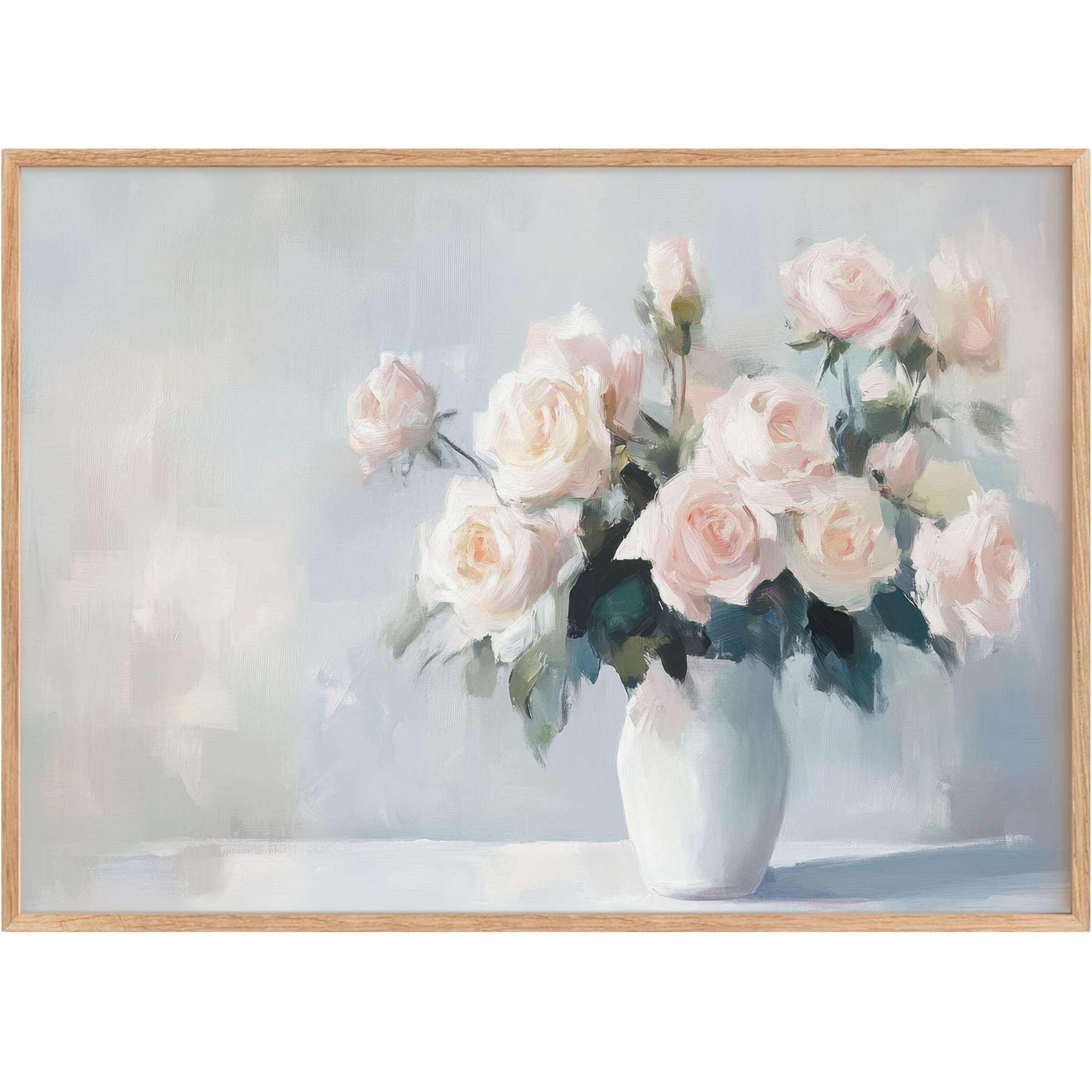 Soft blush and cream roses in a white vase create calming, elegant floral printable wall art that elevates serene interiors