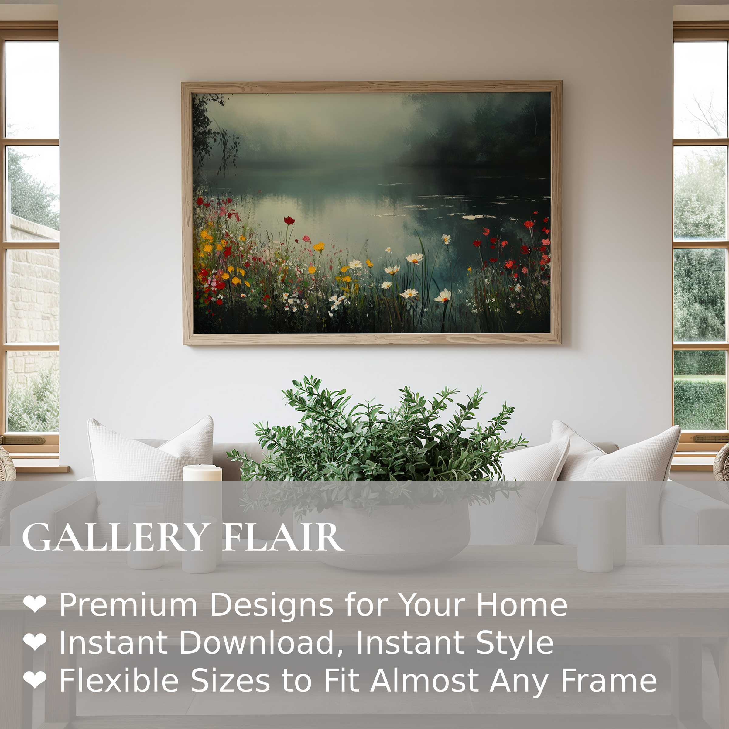 Summer wall art print capturing a serene lakeside with vibrant wildflowers, enhancing modern minimalist interiors with calming elegance