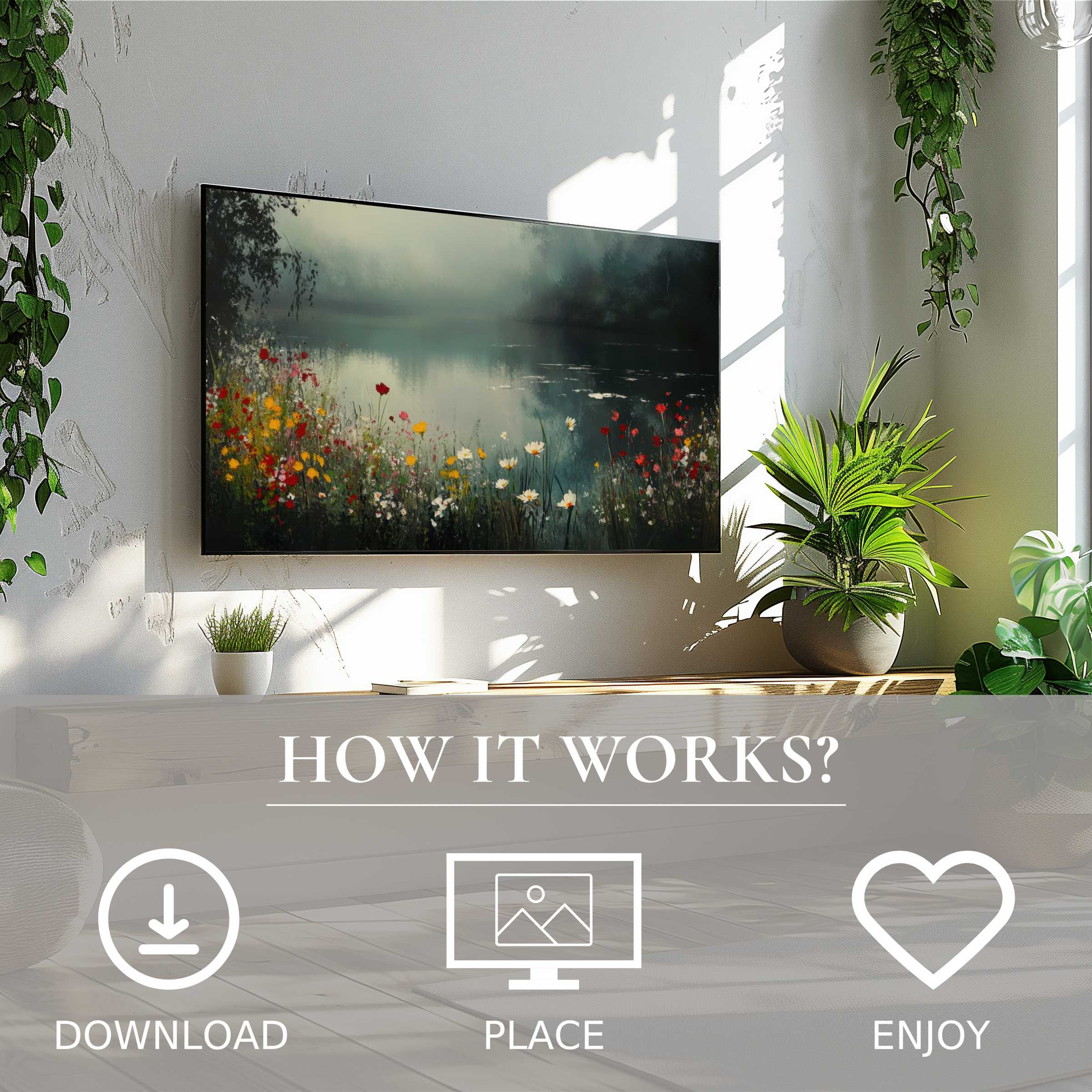 Summer art for Samsung TV: digital download adds calm floral lake motif in soft mist tones, enriching modern living spaces