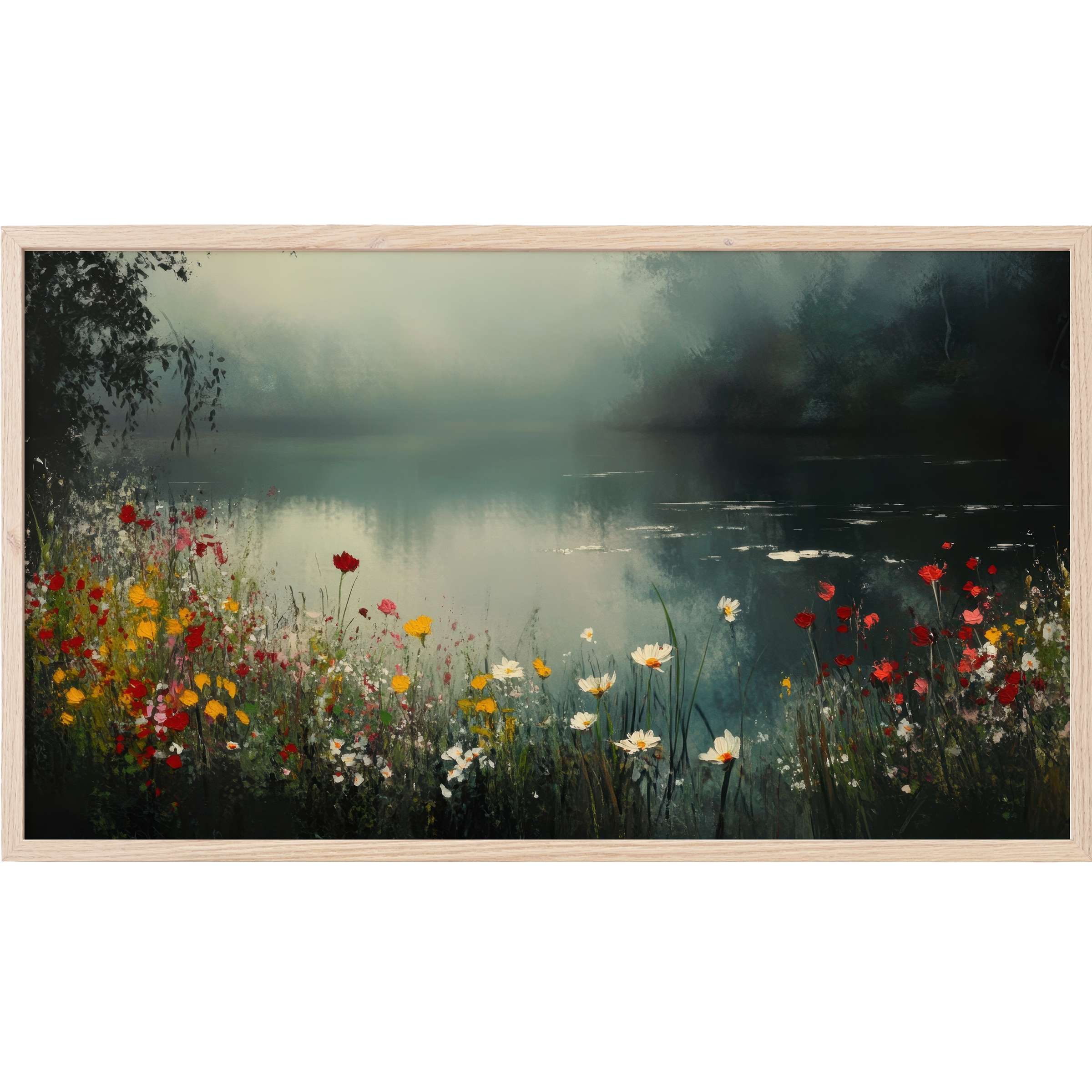 Elegant summer Frame TV Art depicting misty lake with vibrant red, yellow, and white wildflowers in a serene, moody palette