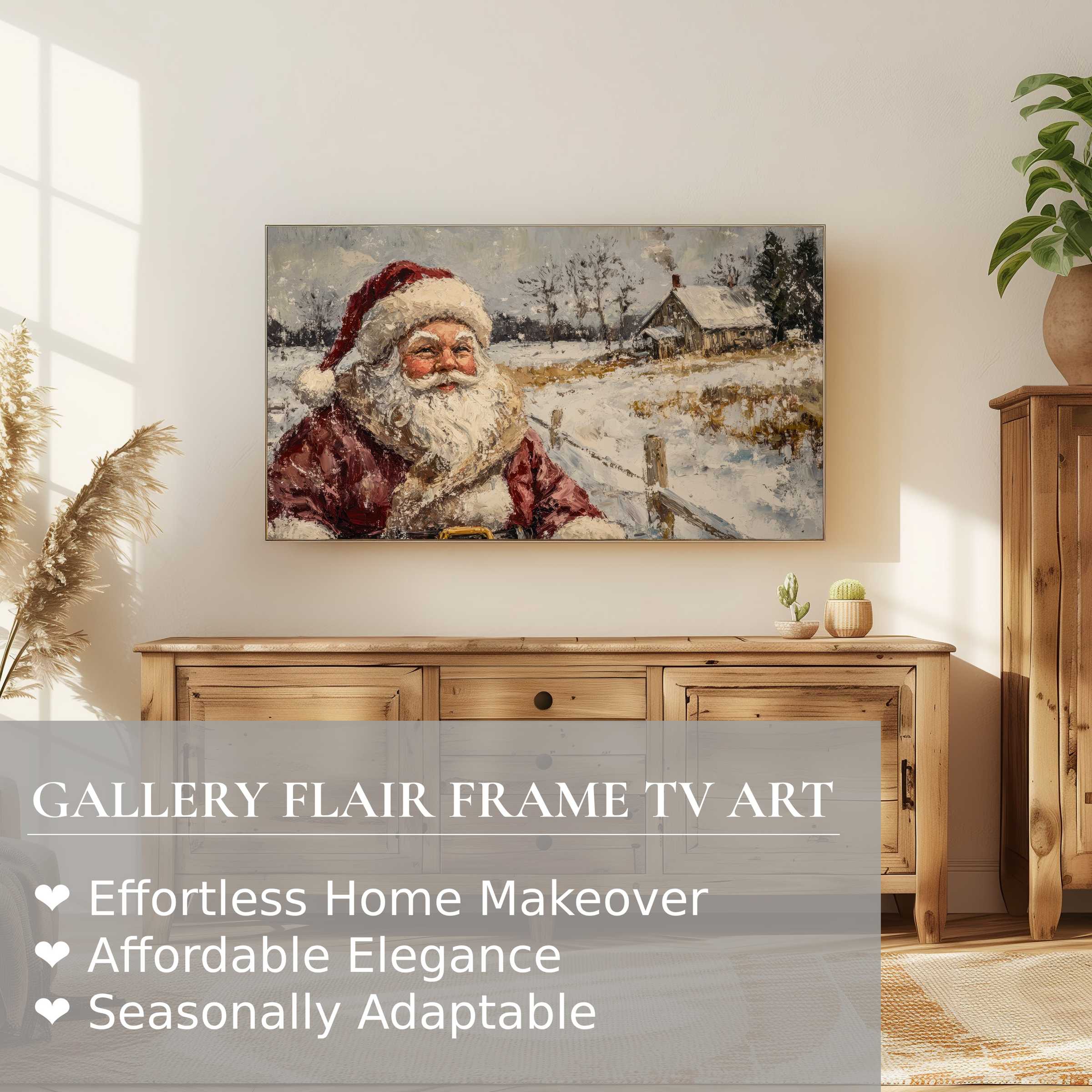 Samsung Frame TV displaying classic christmas digital artwork, blending rustic charm with modern elegance