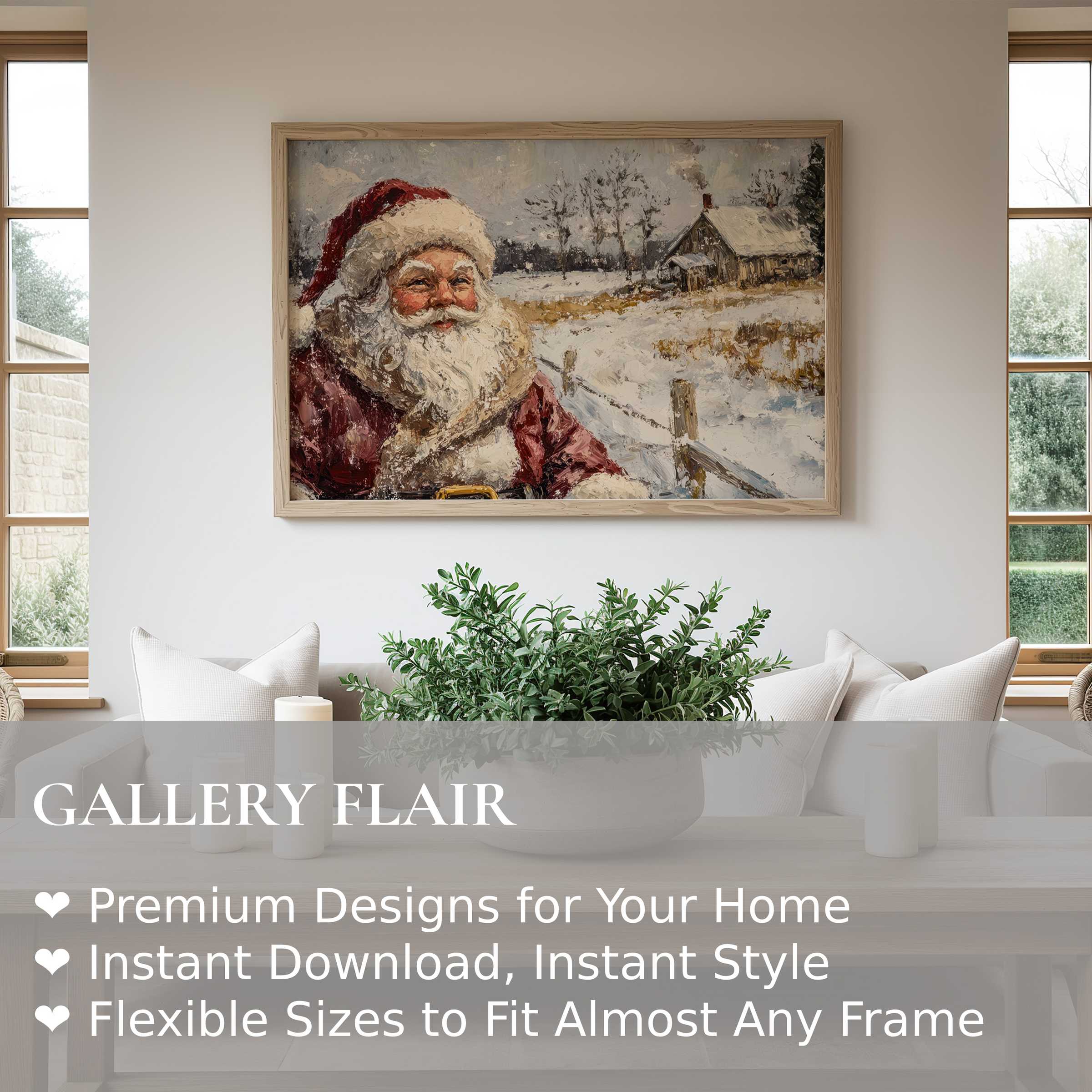 Christmas wall art print featuring a radiant Santa in a serene snowy landscape, elevating modern minimalist interiors with warm festive charm