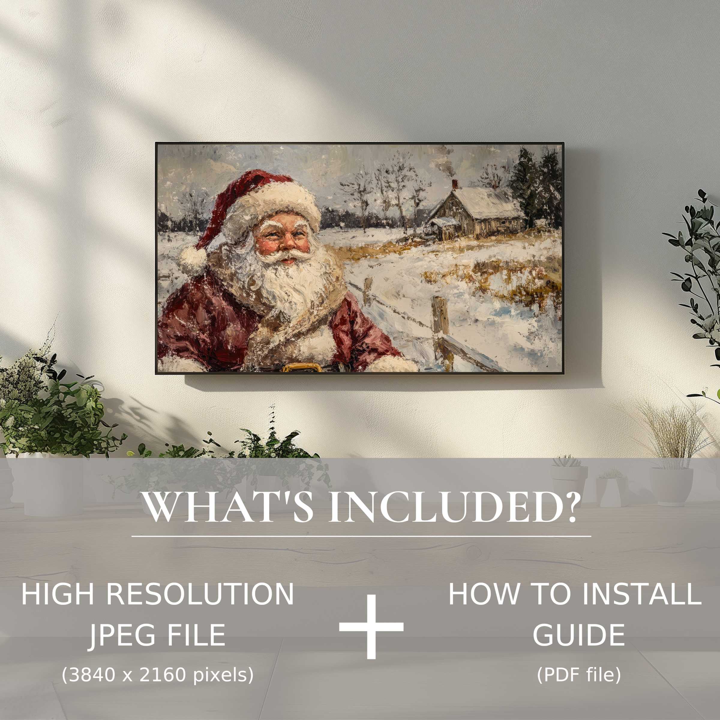 Elegant living room with christmas digital TV art download of Santa, easy to use, enhancing cozy festive space