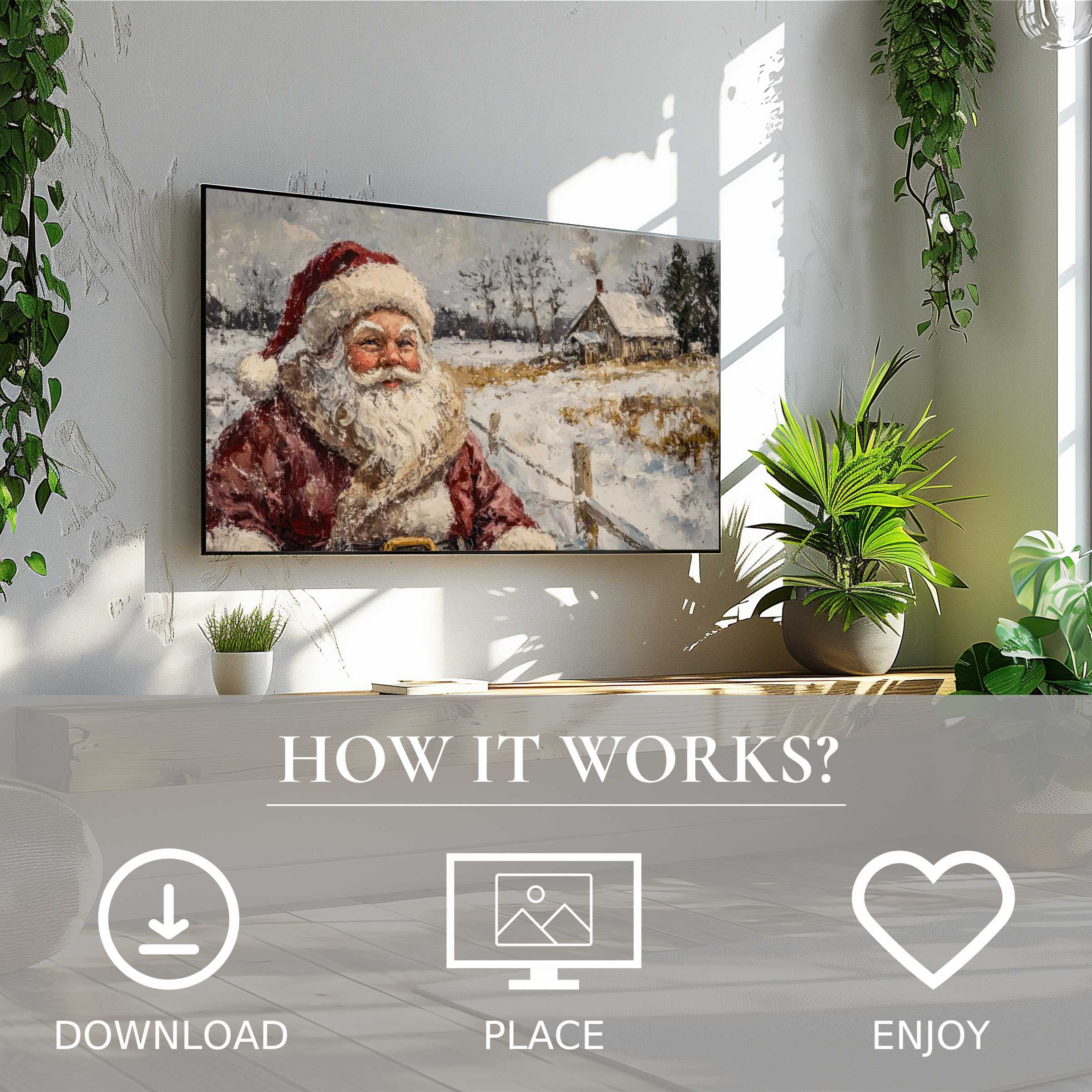Modern living room with easy digital download; christmas art for Samsung TV showing warm Santa winter scene