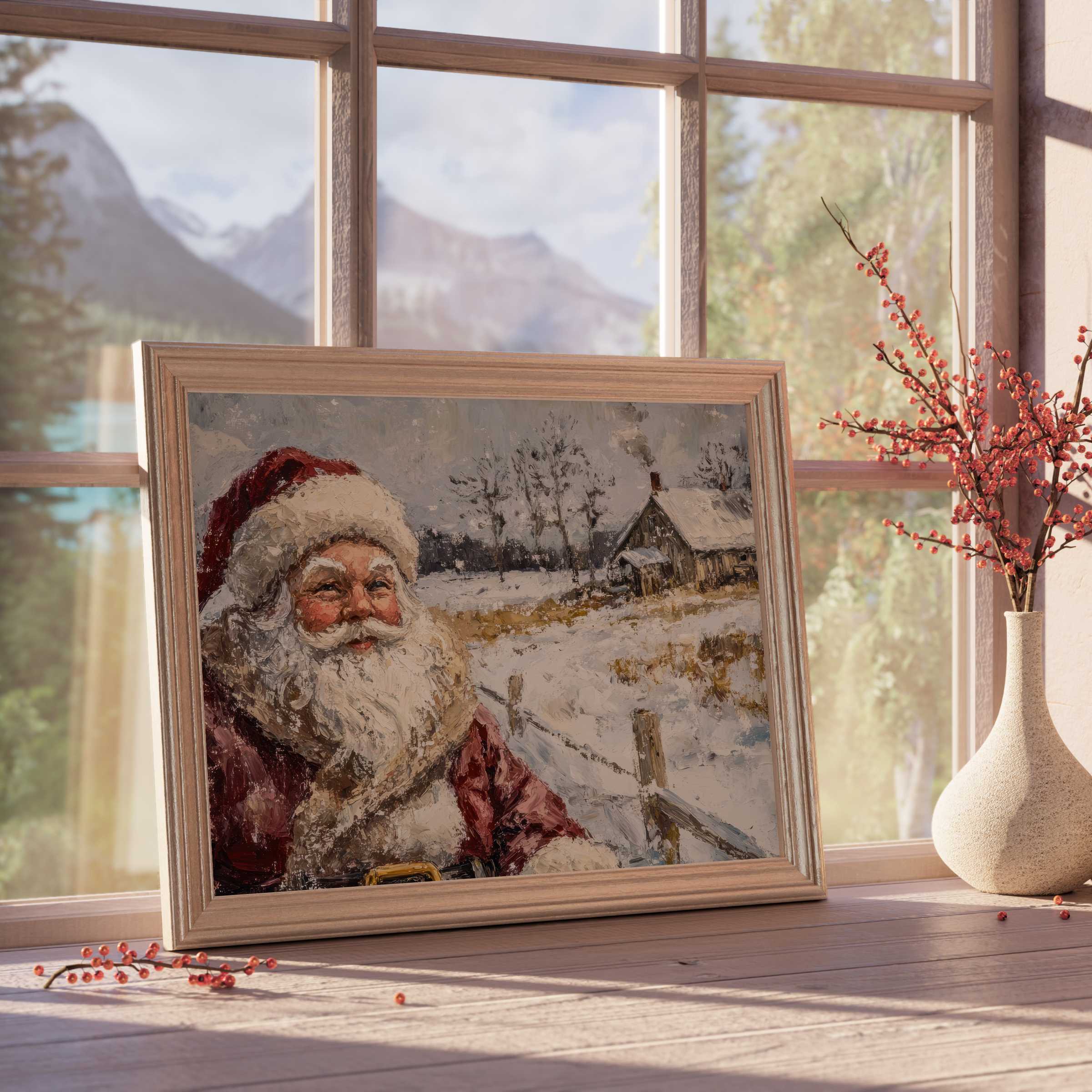 Timeless Christmas downloadable art showcasing a warm, vintage Santa amid a serene snowy landscape, enhancing elegant, cozy interiors