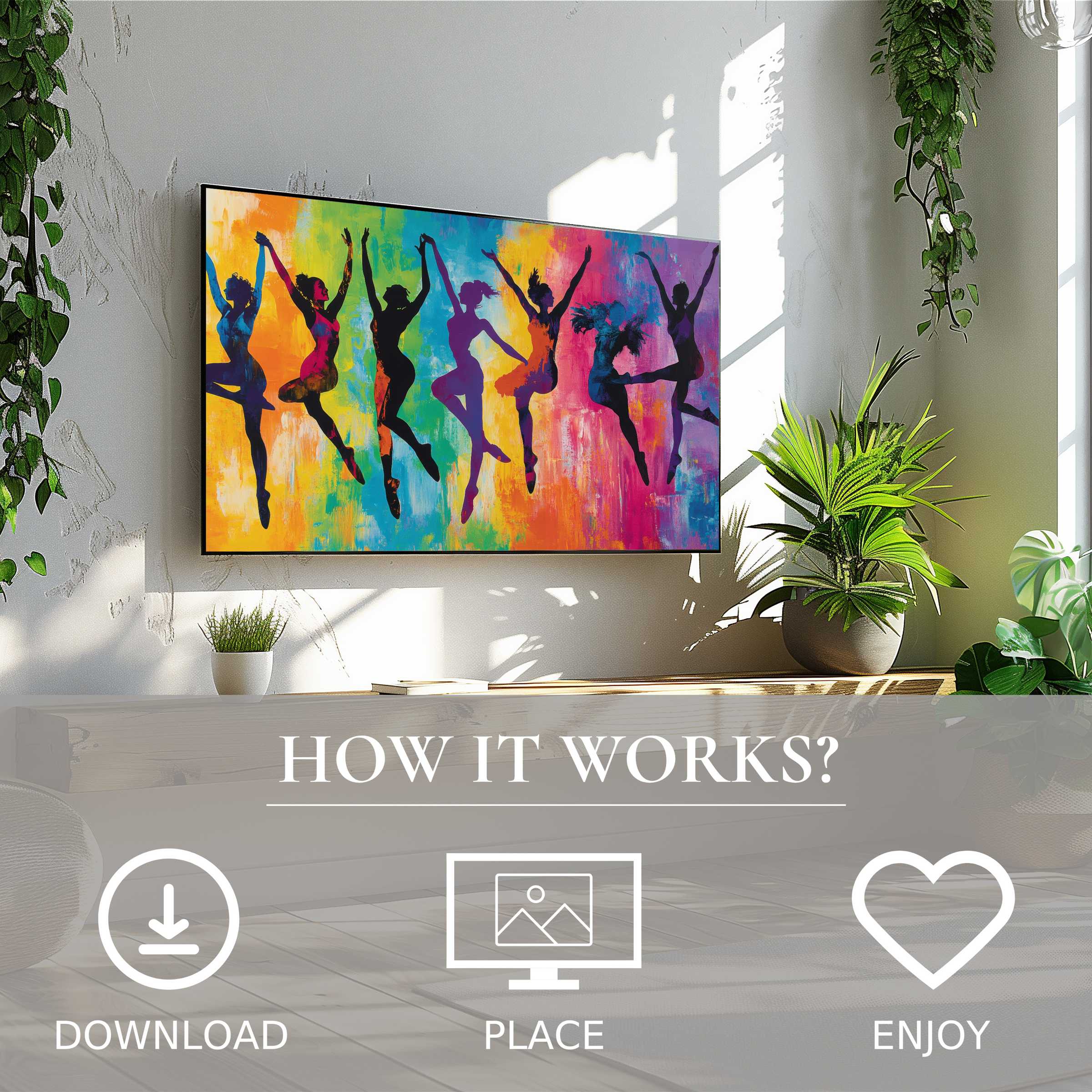 Pop art art for Samsung TV shows vibrant dancing silhouettes; easy digital download brightens modern living spaces