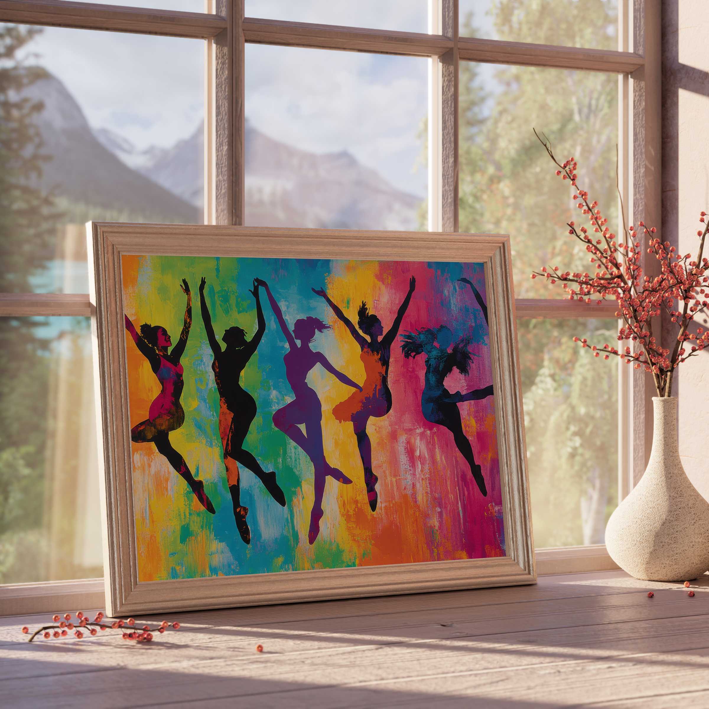 Vibrant pop art downloadable art of elegant dancers in motion, elevating curated interiors with bold color and dynamic grace