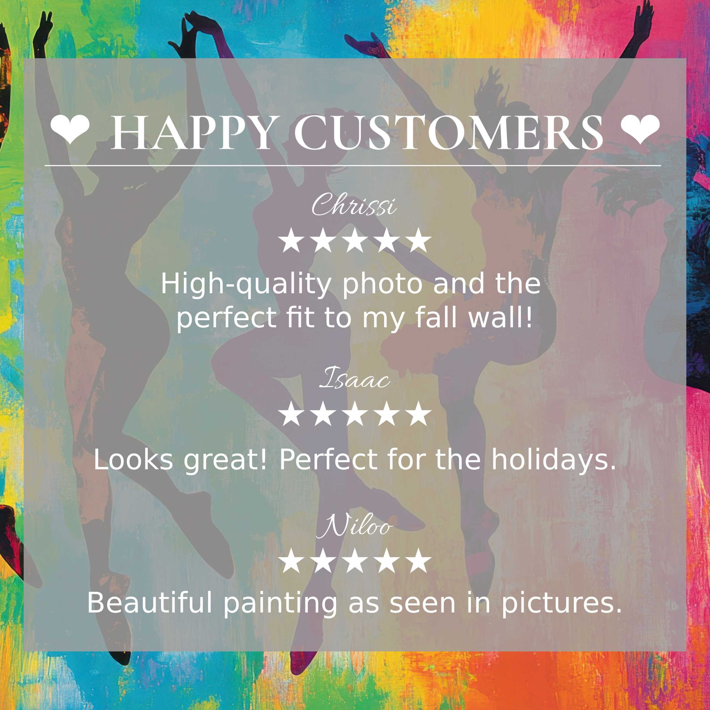 Pop art for Frame TV with lively abstract sunset hues, showcasing happy customer praise and elegant product trust