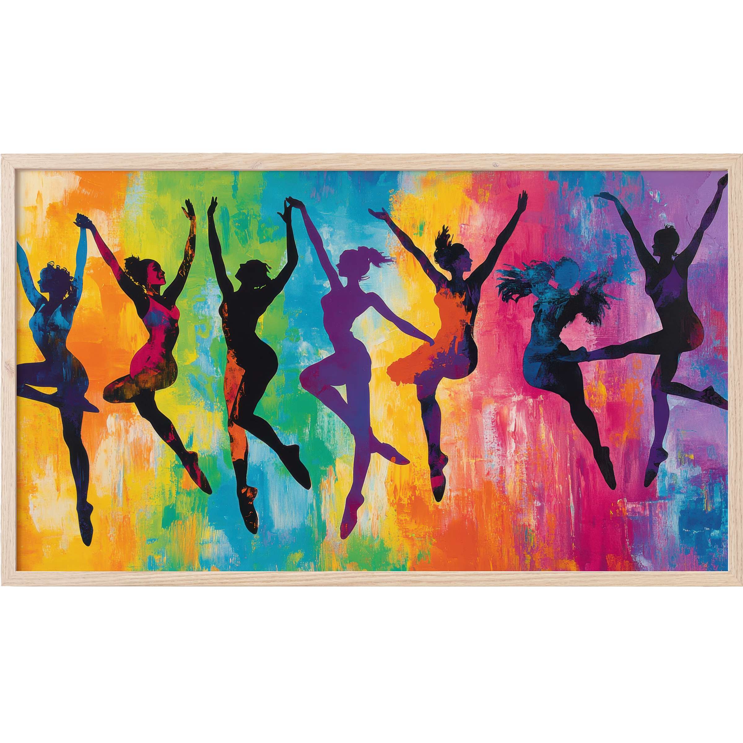Vibrant silhouettes of dancers in motion against a rainbow backdrop, perfect pop art Frame TV Art for stylish spaces