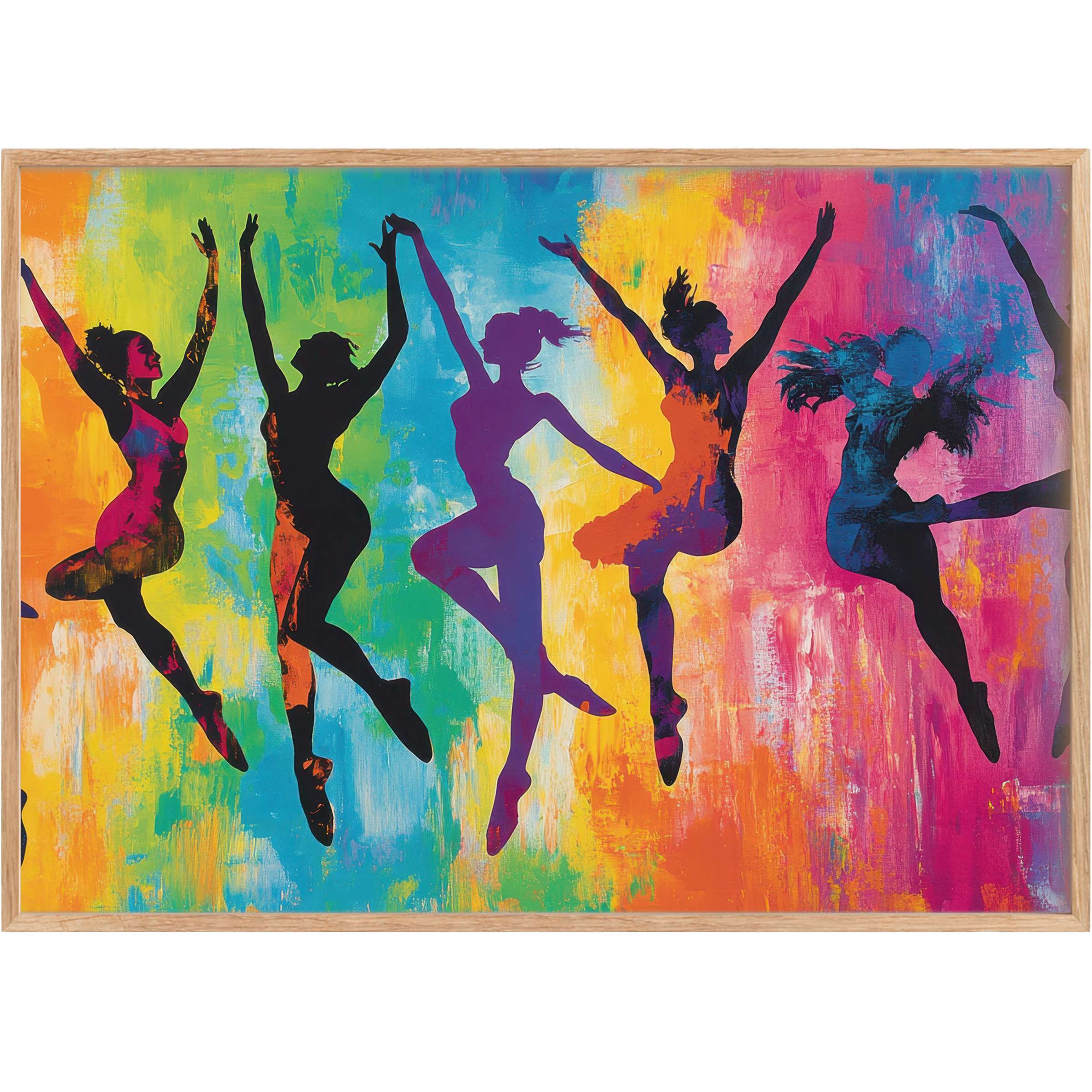 Vibrant pop art printable wall art featuring dynamic ballet silhouettes in bold purples, blues, and oranges, infusing interiors with energetic elegance