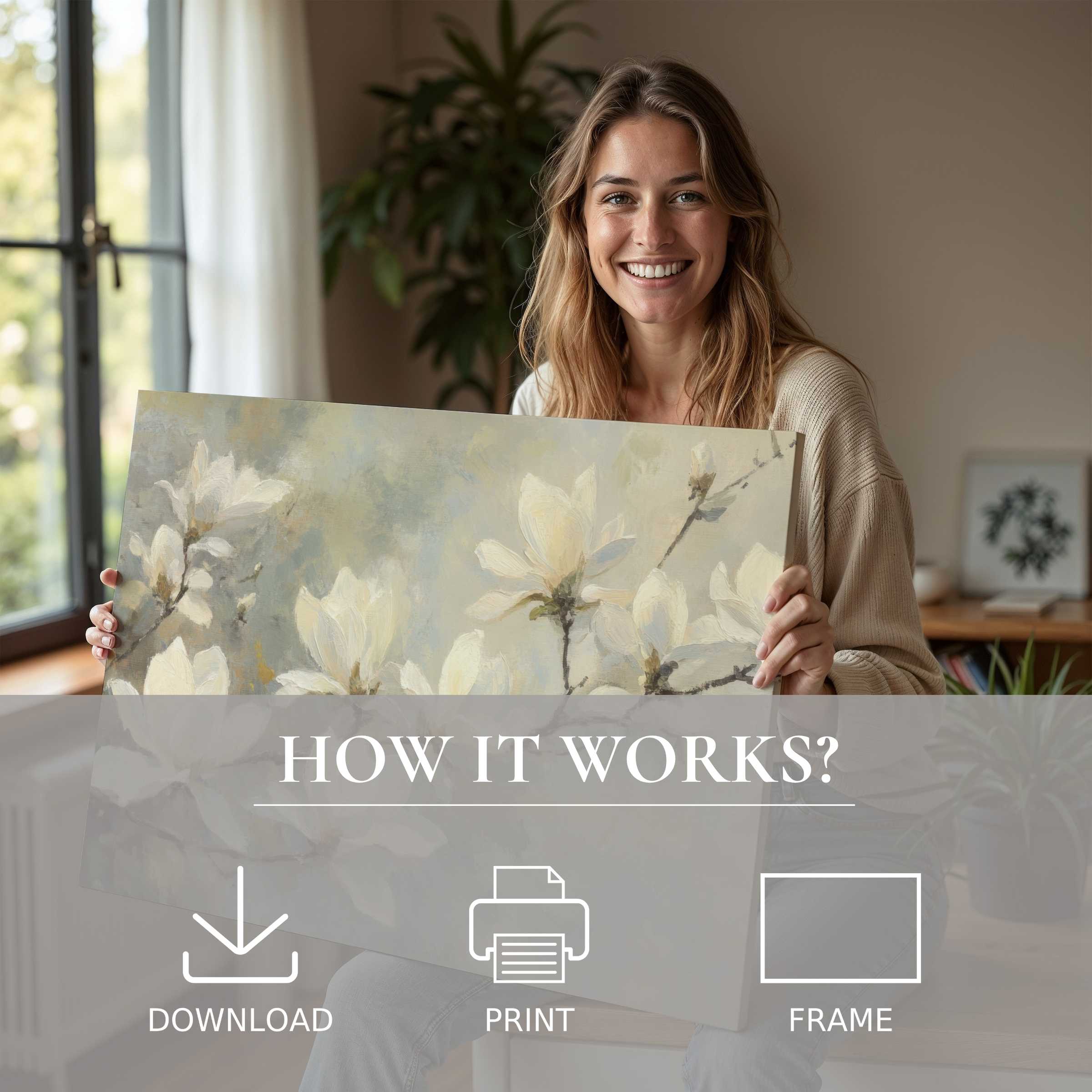 Radiant spring digital art print held in a serene, sunlit home, embodying joy and effortless elegance in art living