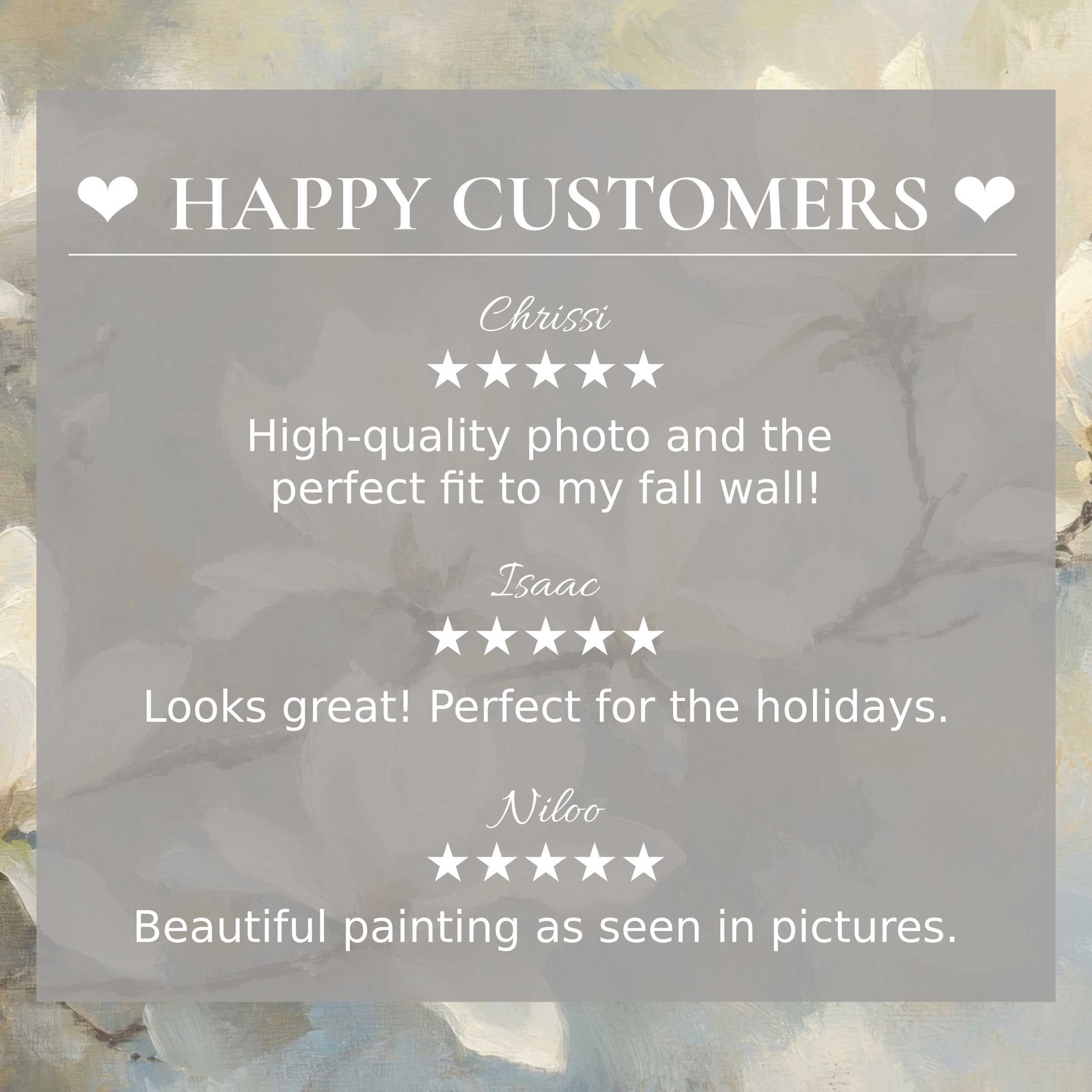 spring art for Frame TV with elegant floral background, showcasing a happy customer and trusted positive reviews