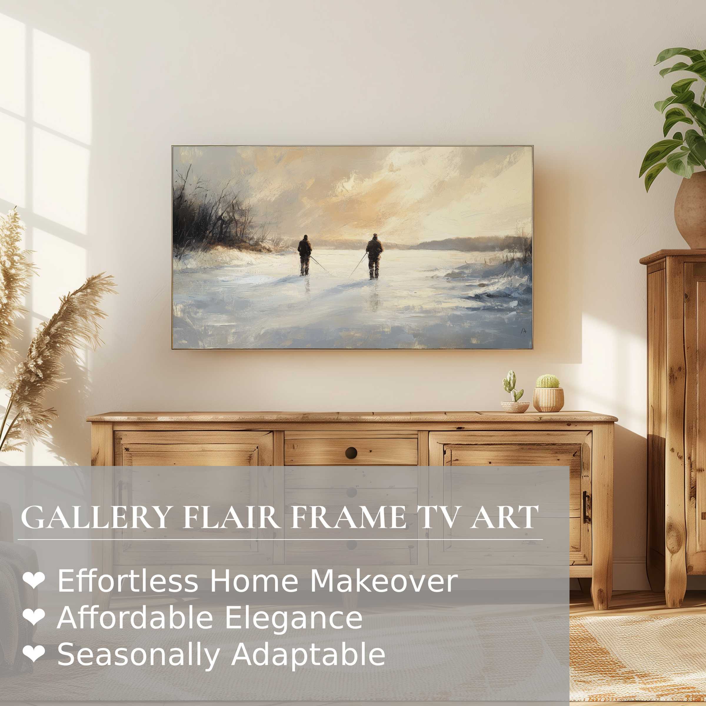 Modern winter digital artwork of serene landscape on Samsung Frame TV, perfect for elegant home decor enthusiasts