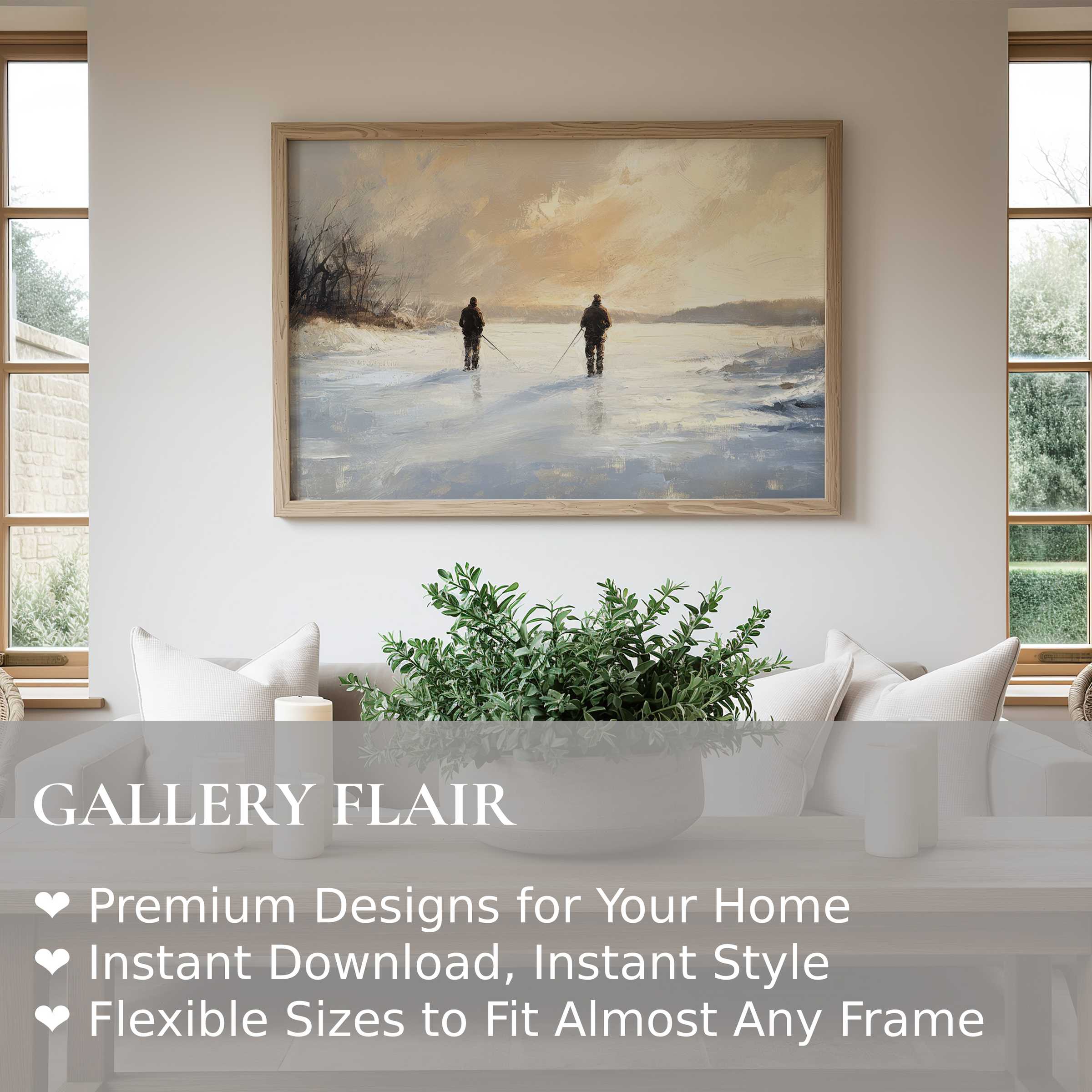 Winter wall art print capturing a serene, atmospheric ice fishing scene in a warm, minimalist living room, enhancing calm Scandinavian decor