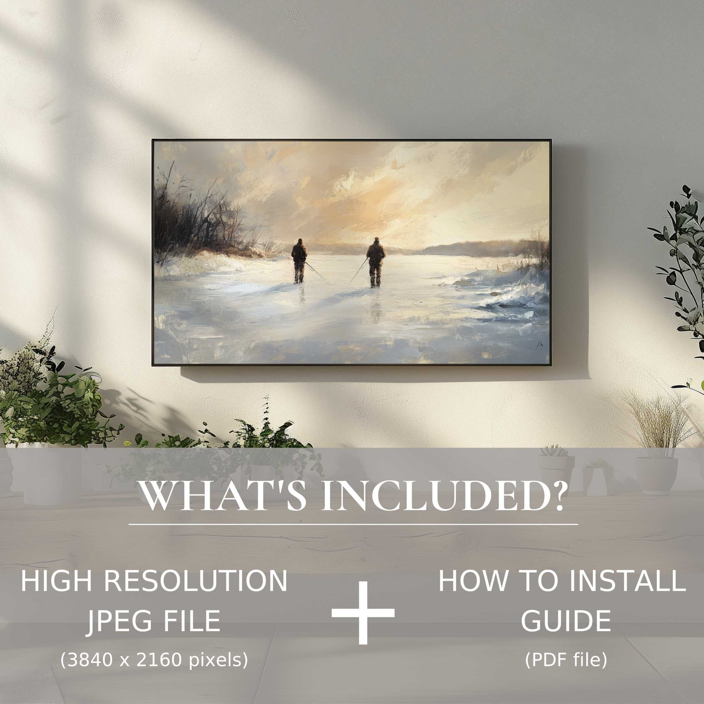 Elegant winter digital TV art download showing serene ice fishing scene, easy use to elevate stylish living spaces
