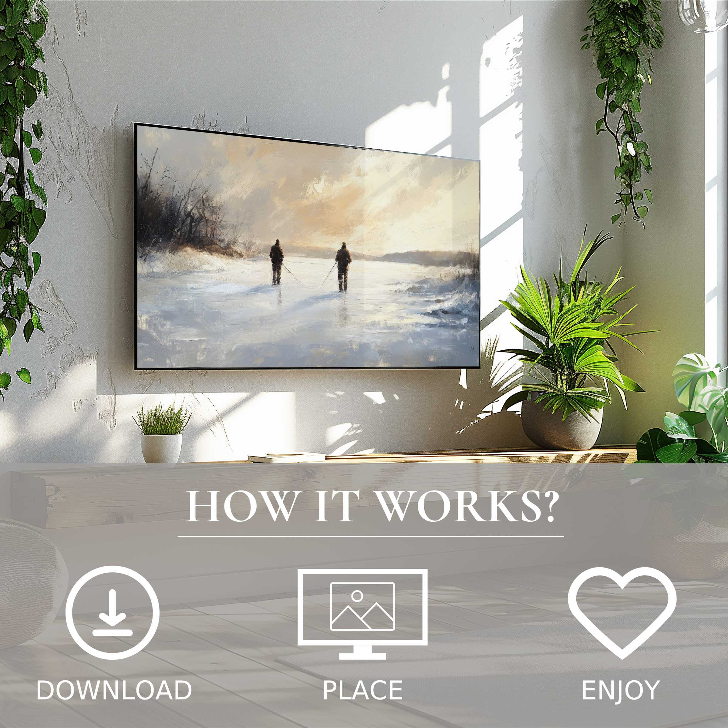 Winter art for Samsung TV shows soft sunset tones and ice skating motif, easy digital download enriches modern living spaces