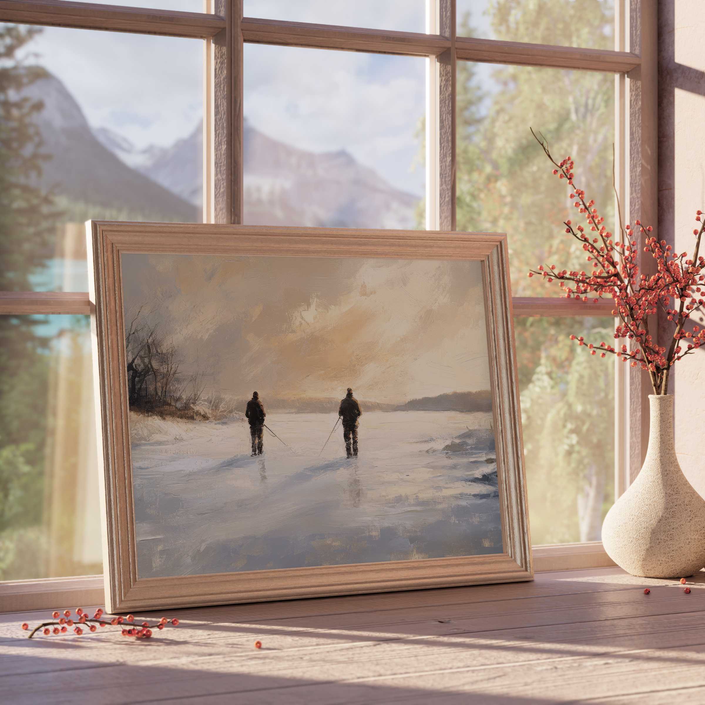 Winter downloadable art capturing tranquil skiers in soft light, enriching curated interiors with warm, serene, and design-forward elegance