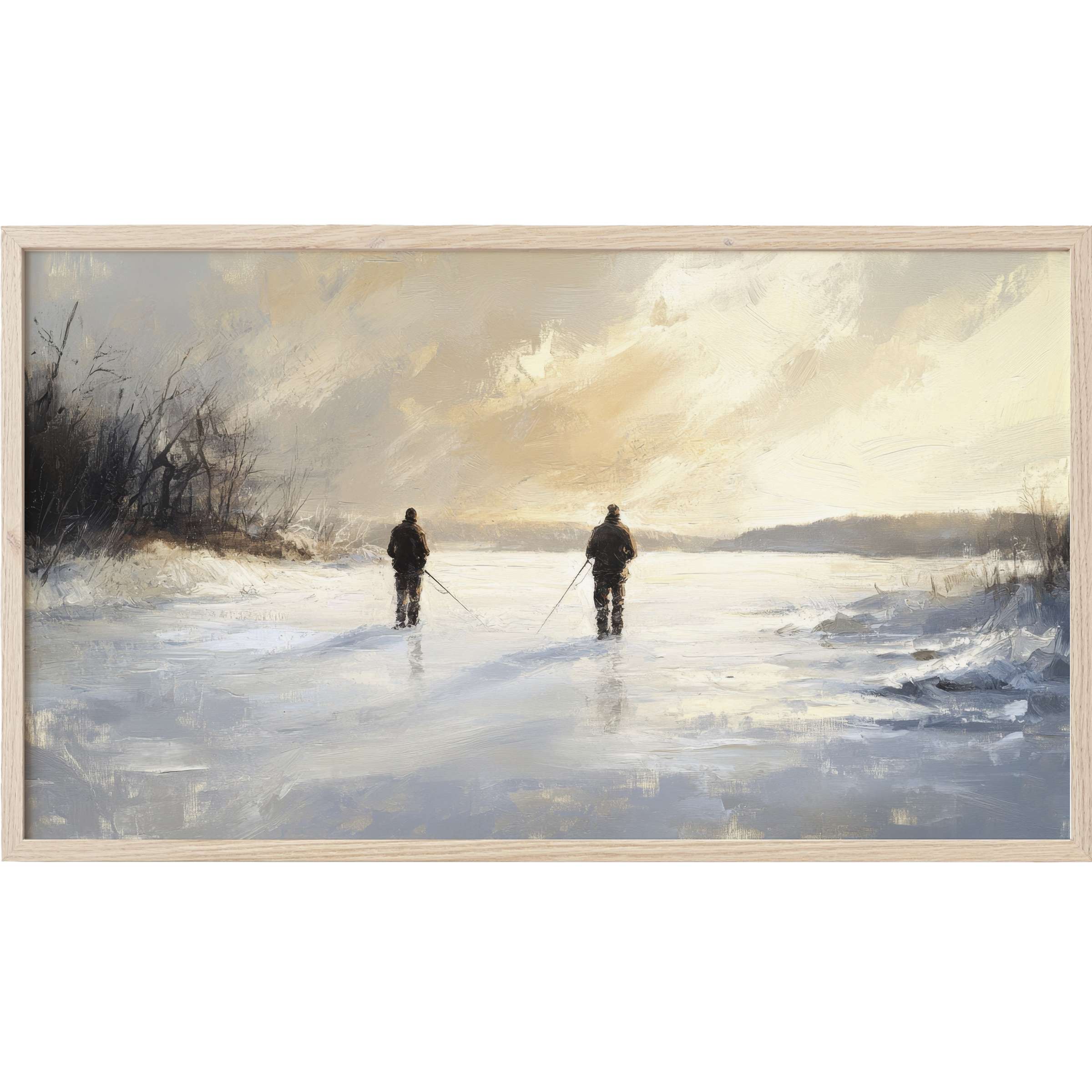 Winter Frame TV Art depicting two figures fishing on icy water, in muted grays, blues, and warm beige tones